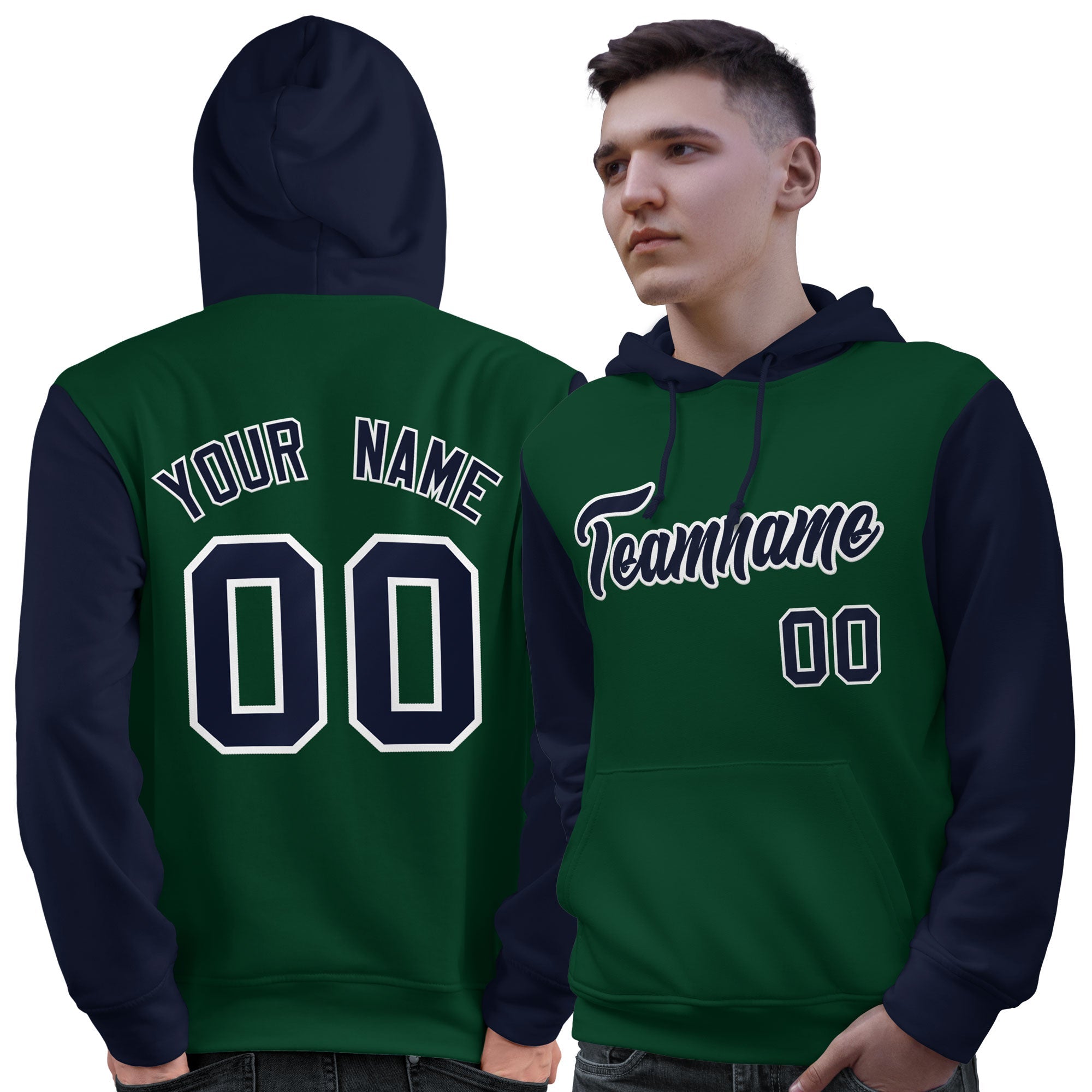 Custom Green Navy-White Raglan Sleeves Pullover Personalized Sweatshirt Hoodie