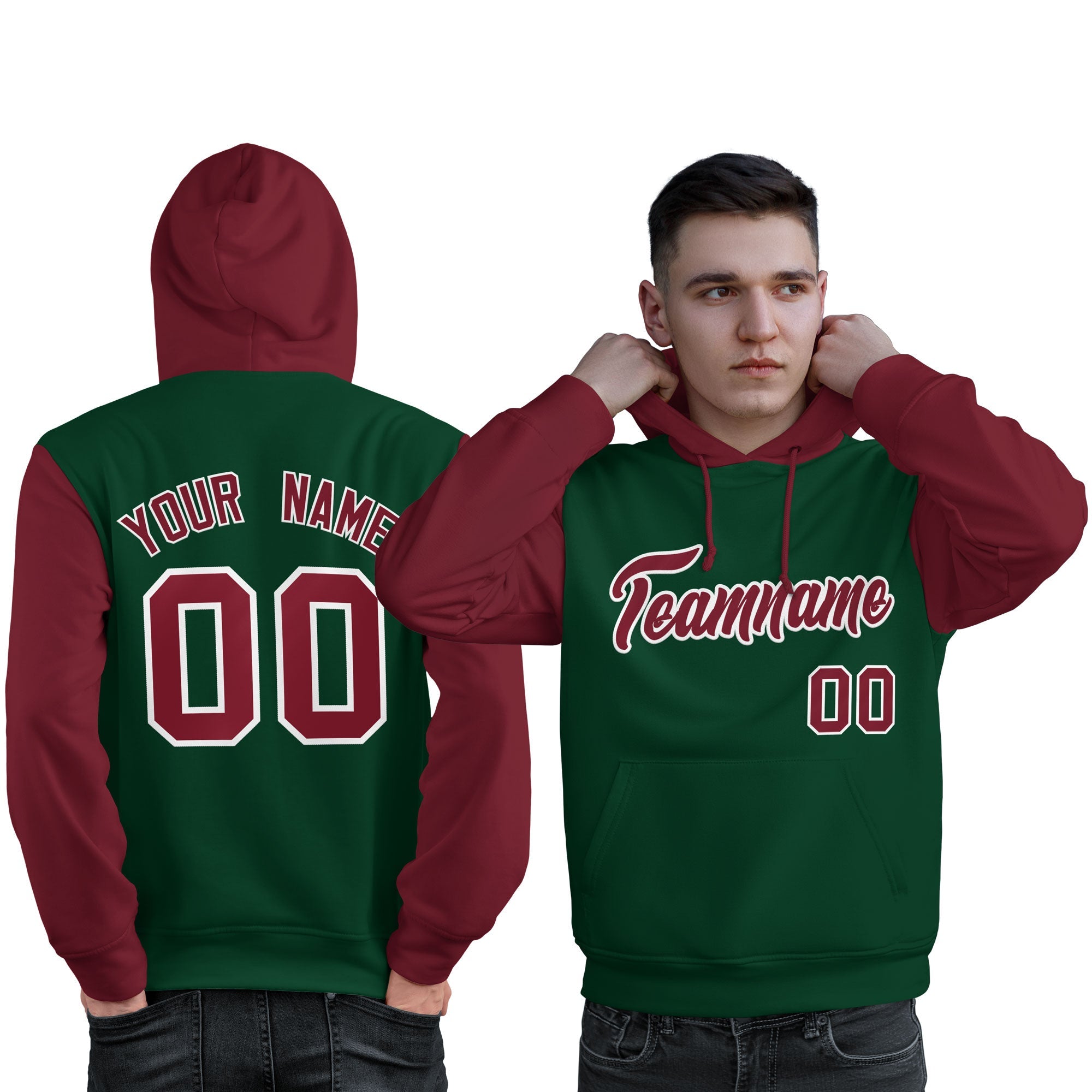 Custom Green Crimson-White Raglan Sleeves Pullover Personalized Sweatshirt Hoodie