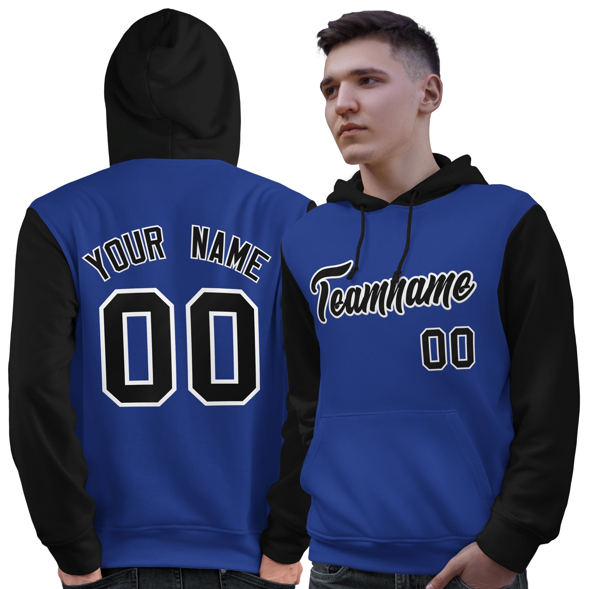 Custom Royal Black-White Raglan Sleeves Pullover Personalized Sweatshirt Hoodie