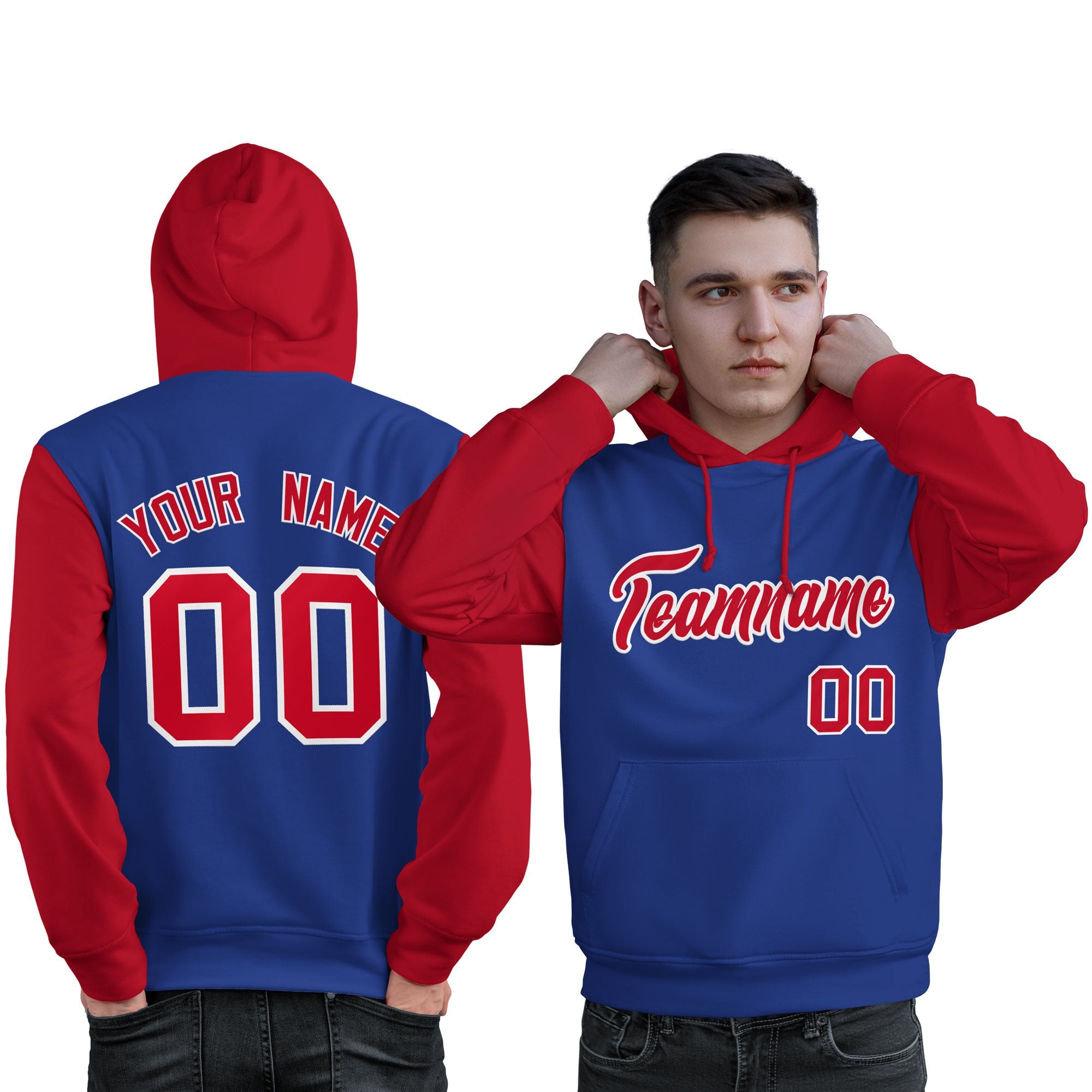 Custom Royal Red-White Raglan Sleeves Pullover Personalized Sweatshirt Hoodie