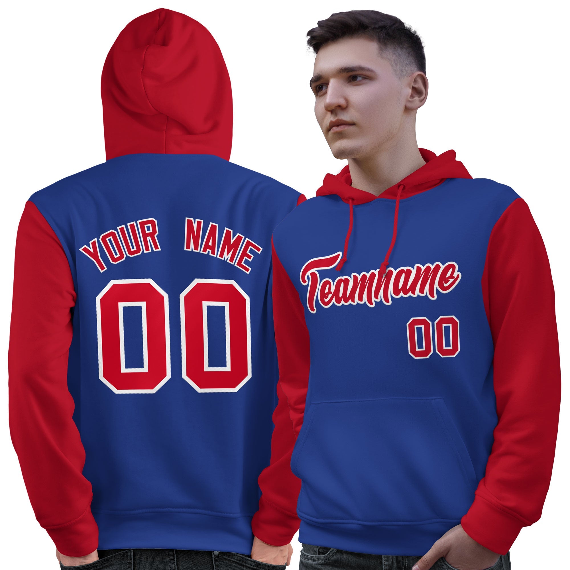 Custom Royal Red-White Raglan Sleeves Pullover Personalized Sweatshirt Hoodie