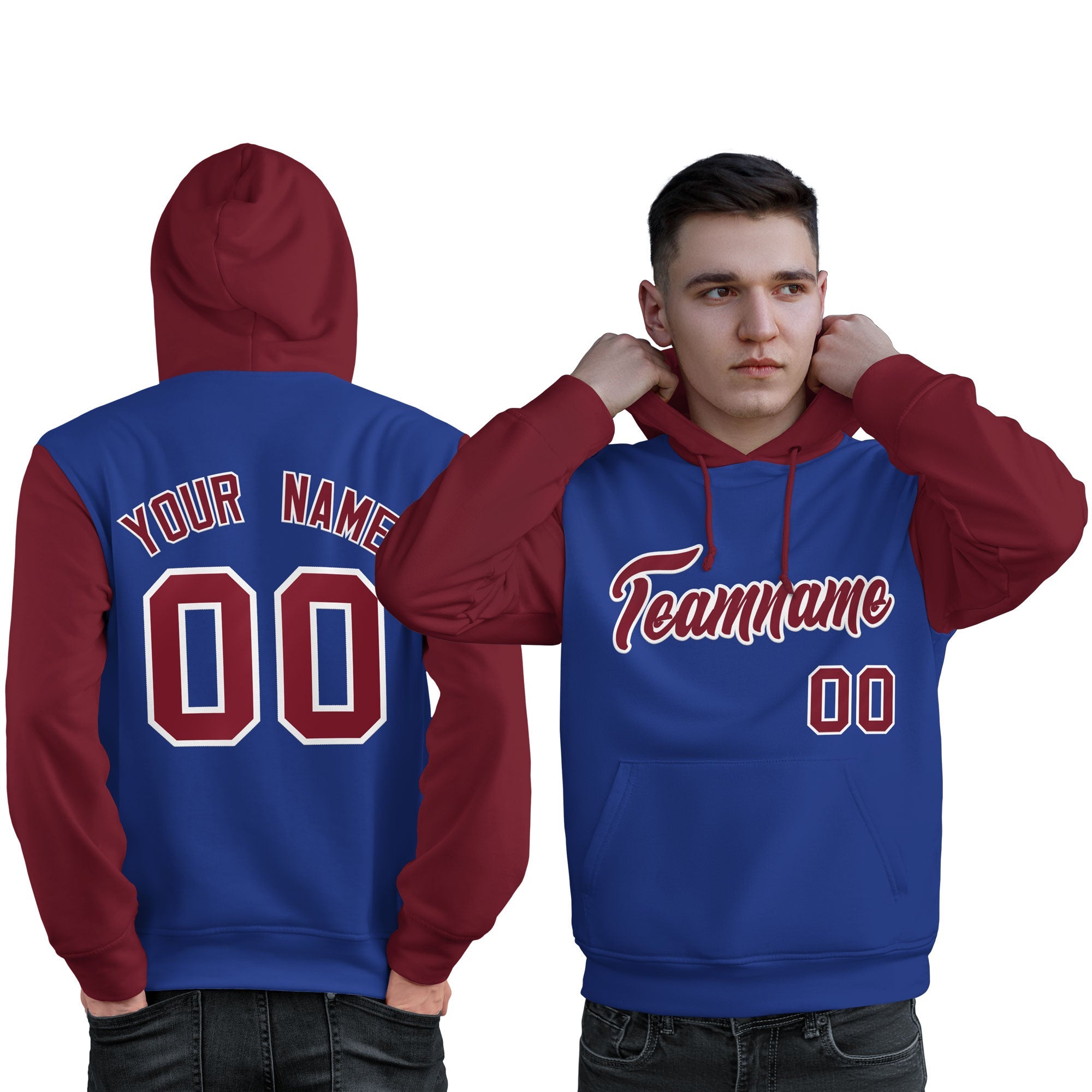 Custom Royal Crimson-White Raglan Sleeves Pullover Personalized Sweatshirt Hoodie