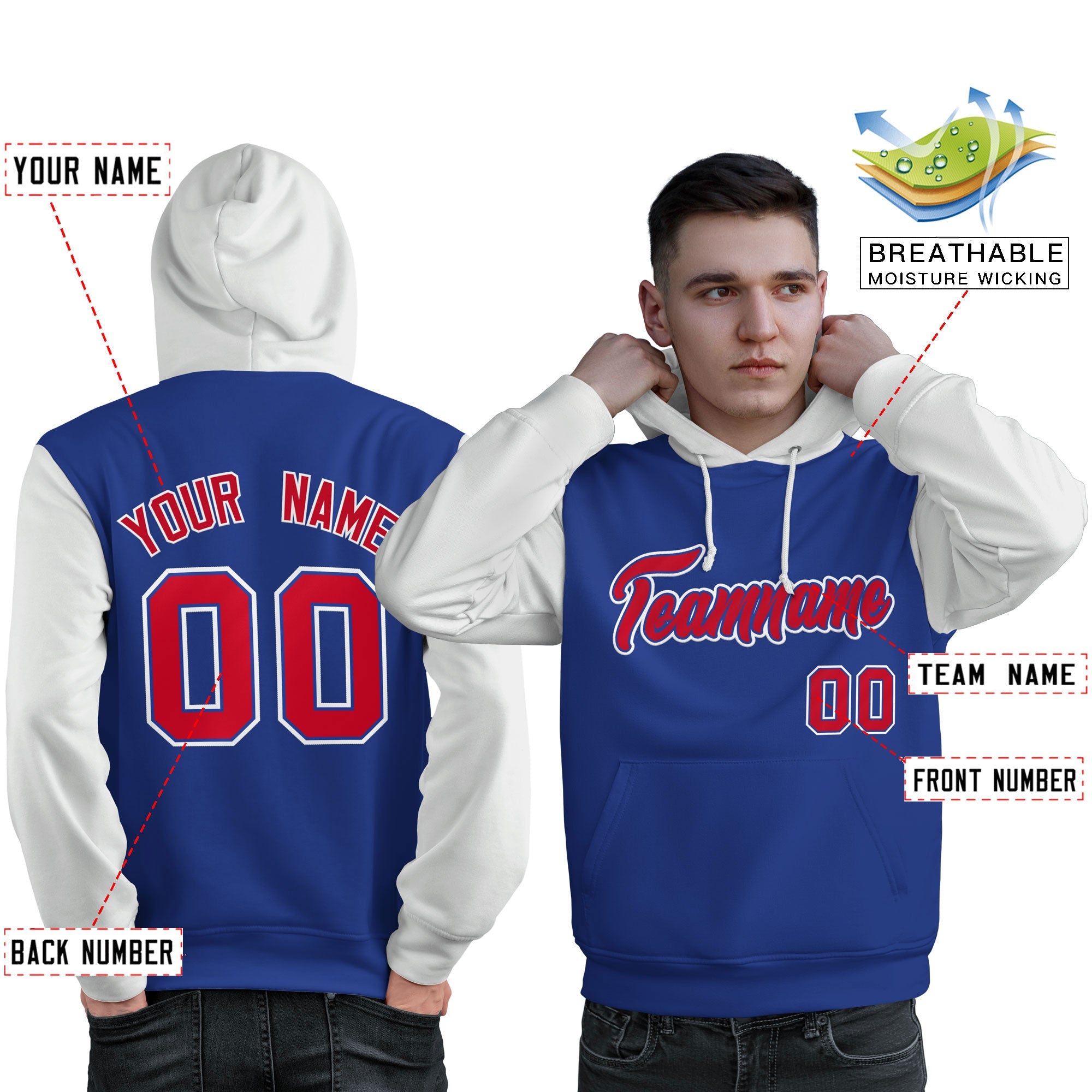 Custom Royal Red-White Raglan Sleeves Pullover Personalized Sweatshirt Hoodie