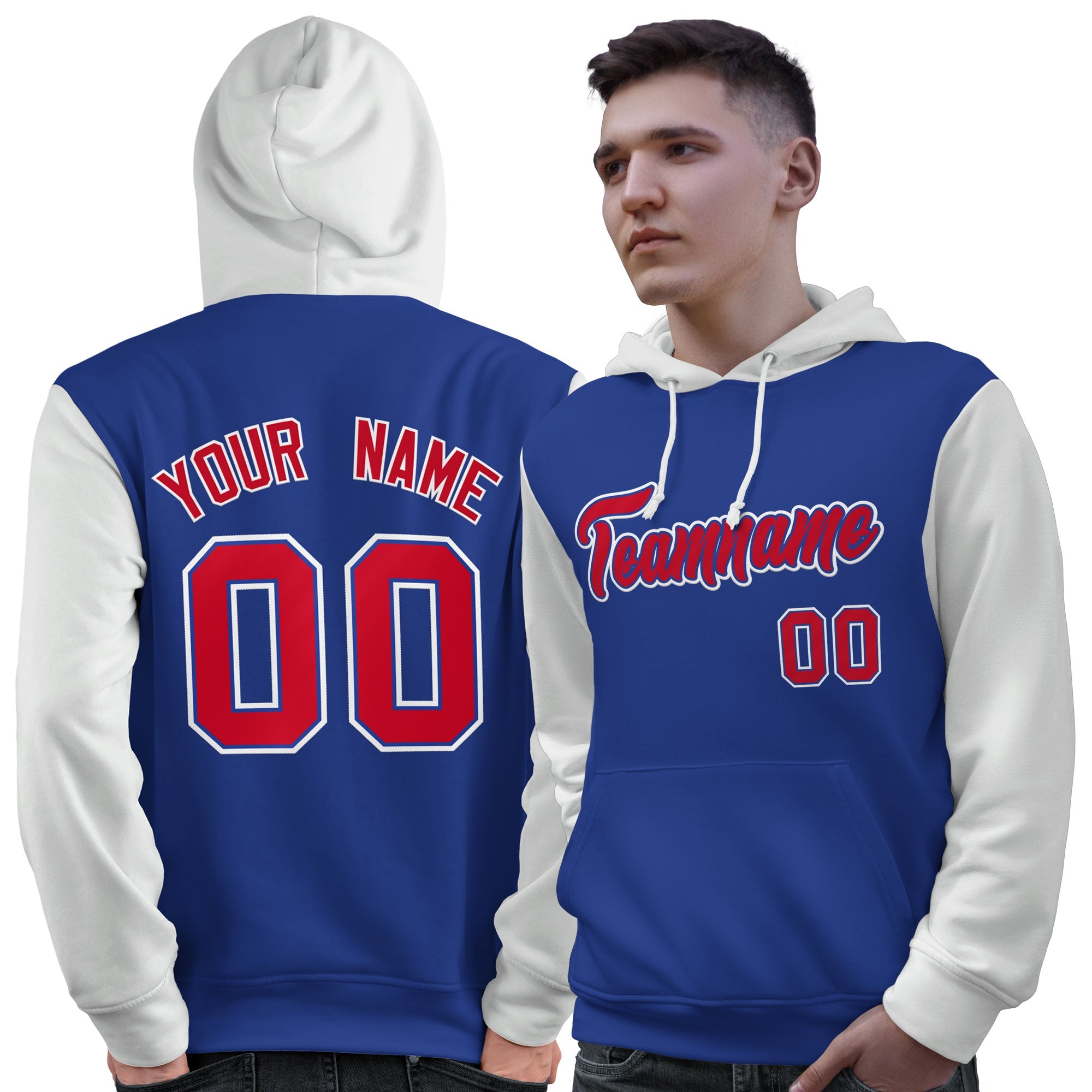 Custom Royal Red-White Raglan Sleeves Pullover Personalized Sweatshirt Hoodie