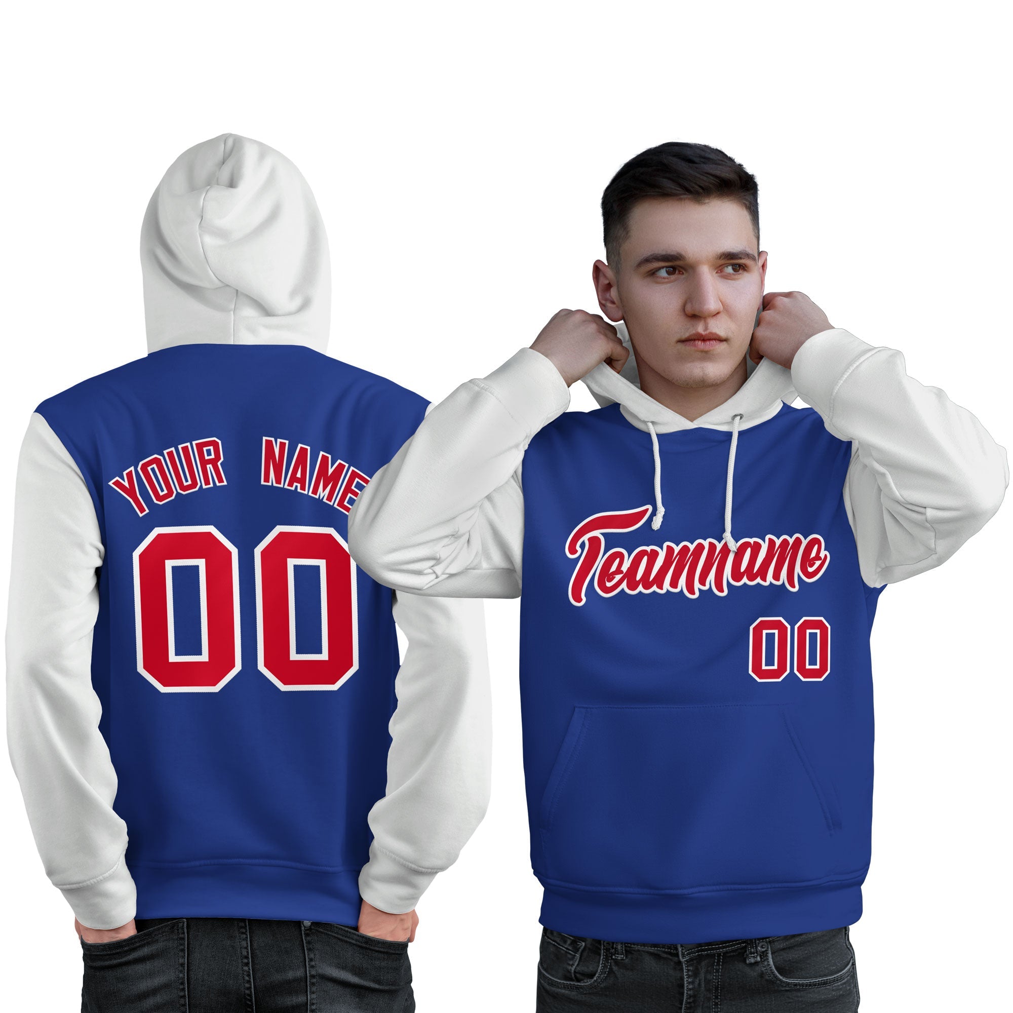 Custom Royal Red-White Raglan Sleeves Pullover Personalized Sweatshirt Hoodie