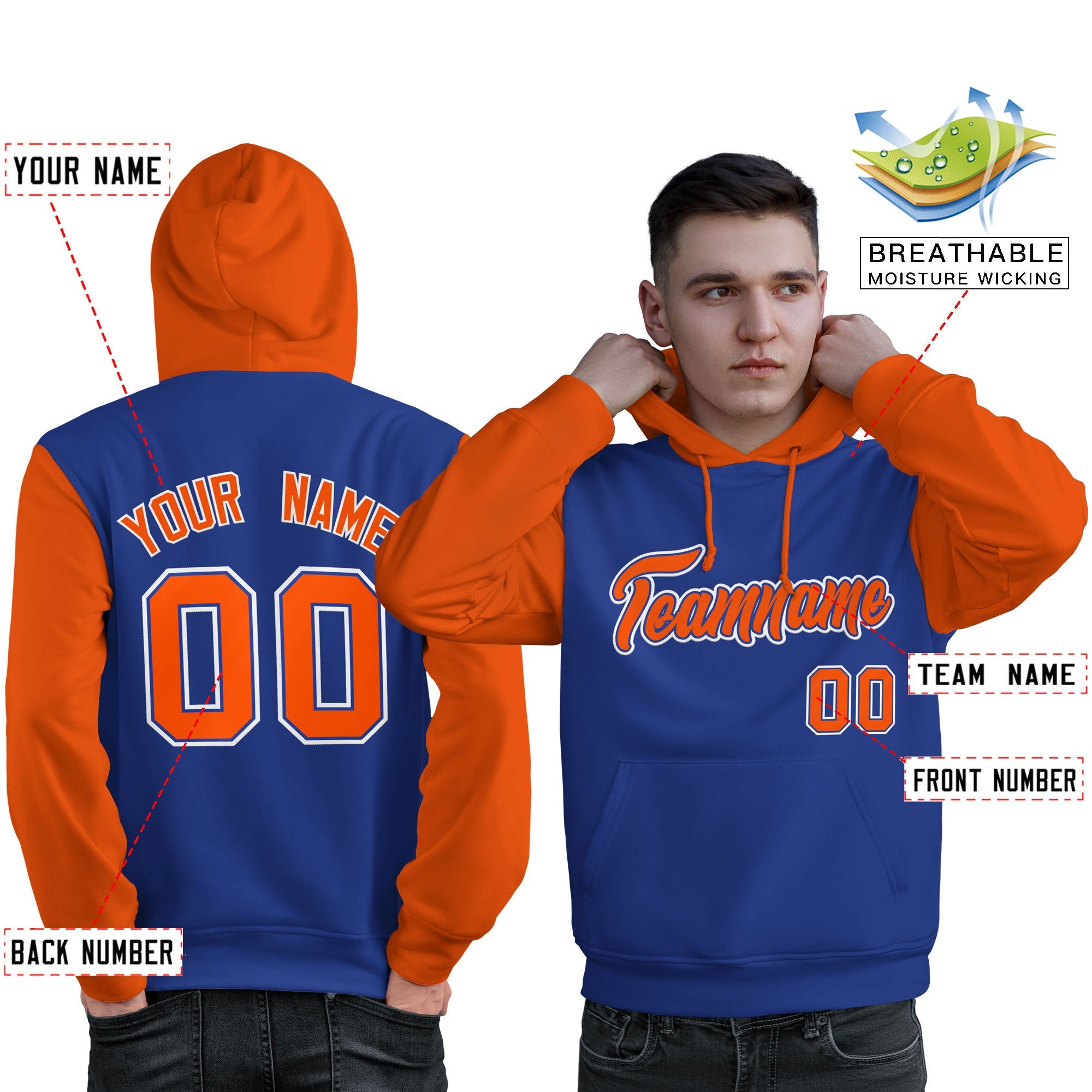 Custom Royal Orange-White Raglan Sleeves Pullover Personalized Sweatshirt Hoodie