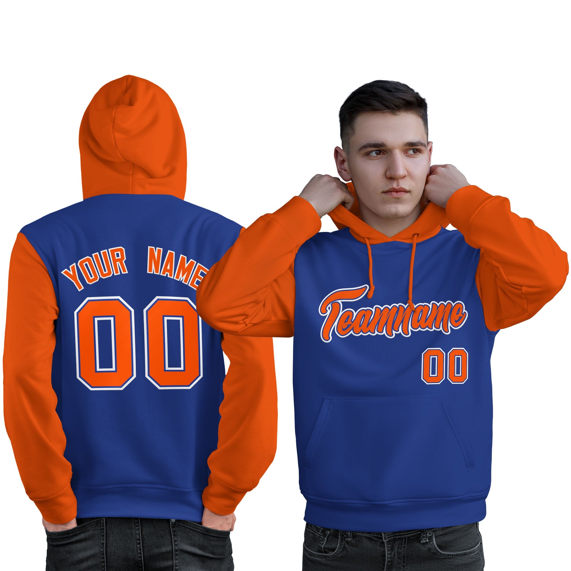 Custom Royal Orange-White Raglan Sleeves Pullover Personalized Sweatshirt Hoodie