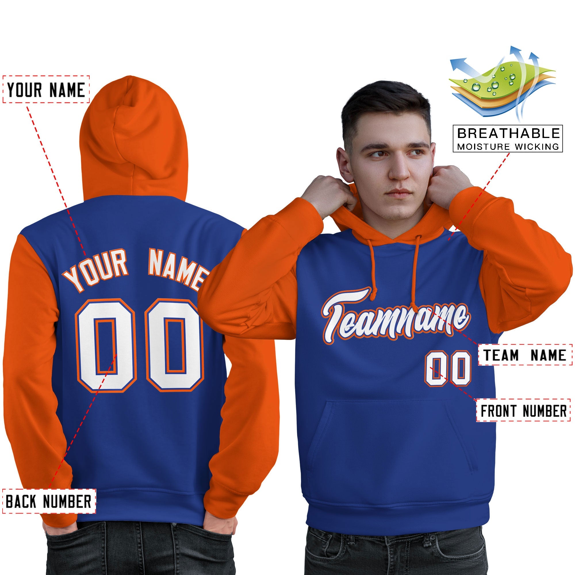 Custom Royal White-Orange Raglan Sleeves Pullover Personalized Sweatshirt Hoodie