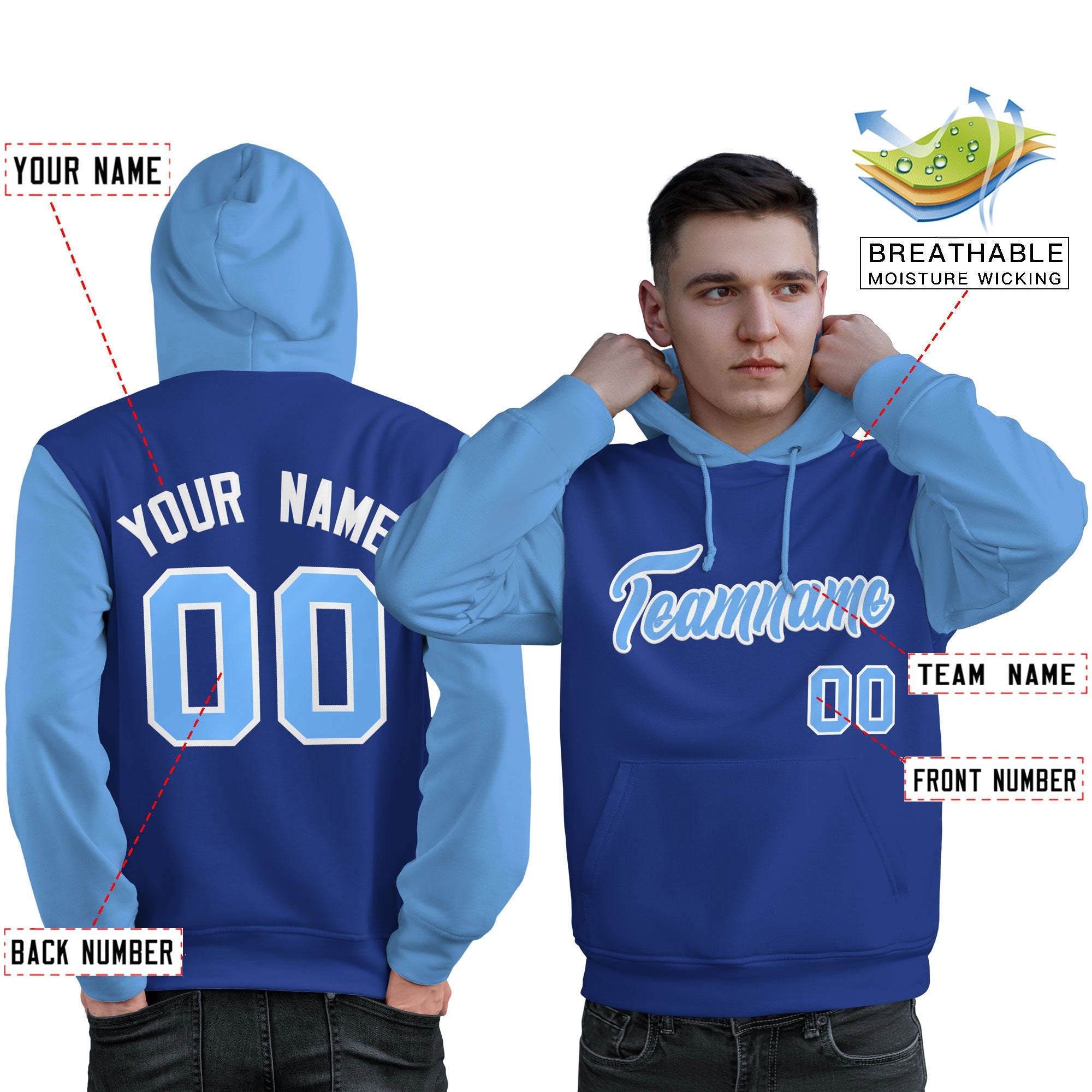 Custom Royal Light Blue-White Raglan Sleeves Pullover Personalized Sweatshirt Hoodie