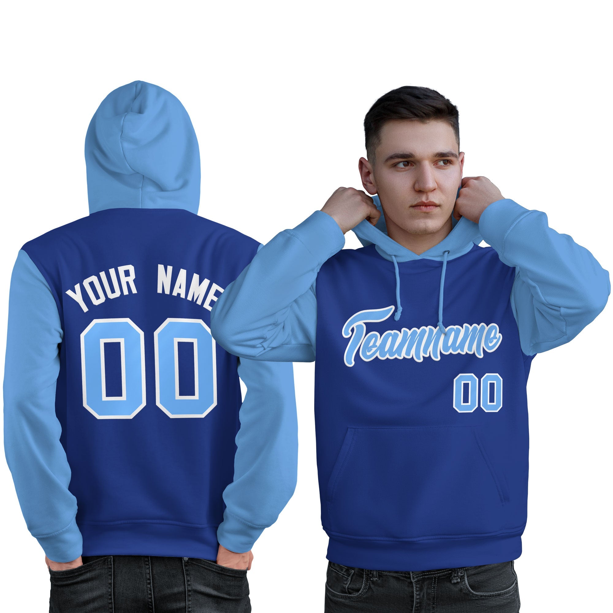 Custom Royal Light Blue-White Raglan Sleeves Pullover Personalized Sweatshirt Hoodie