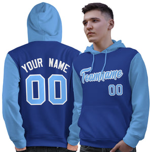 Custom Royal Light Blue-White Raglan Sleeves Pullover Personalized Sweatshirt Hoodie