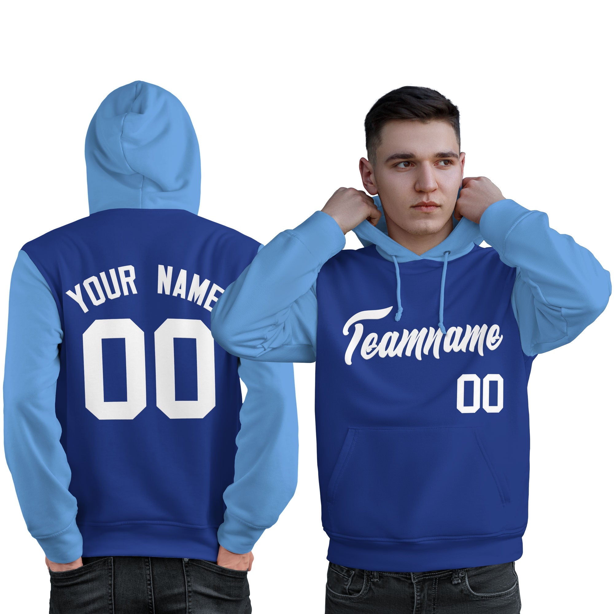 Custom Royal White-Light Blue Raglan Sleeves Pullover Personalized Sweatshirt Hoodie