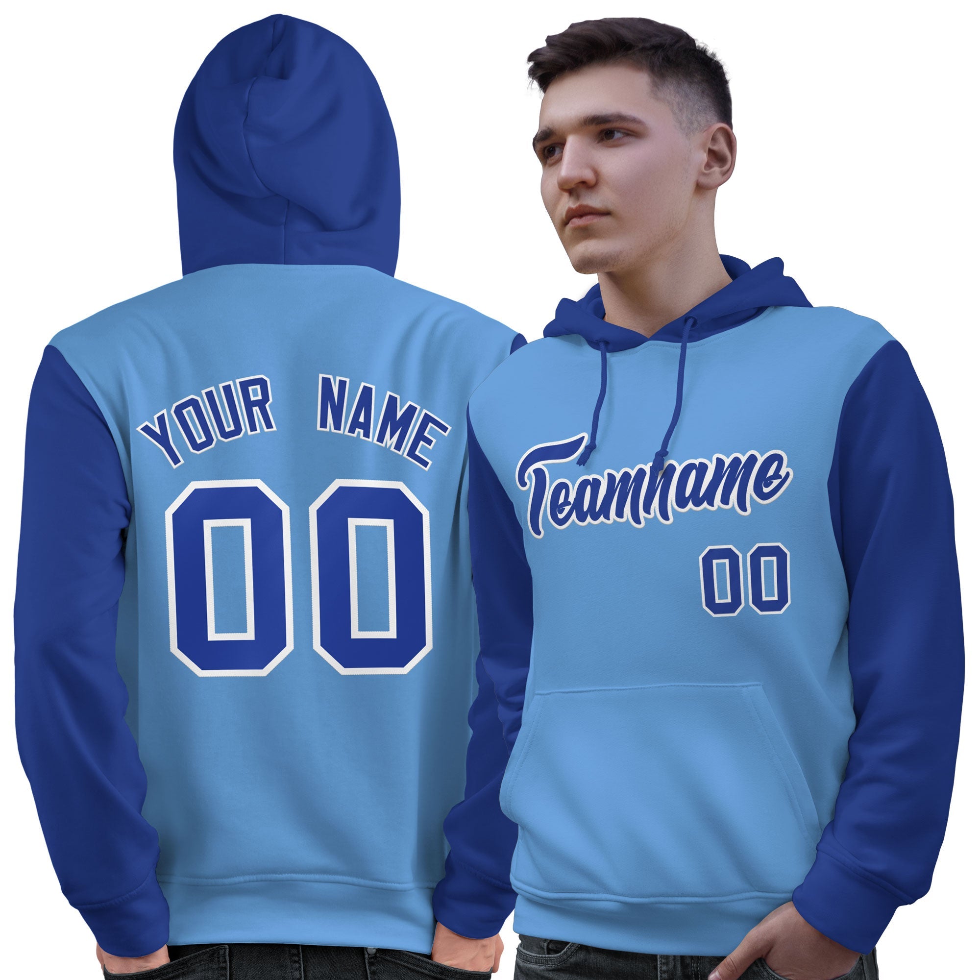 Custom Light Blue Royal-White Raglan Sleeves Pullover Personalized Sweatshirt Hoodie