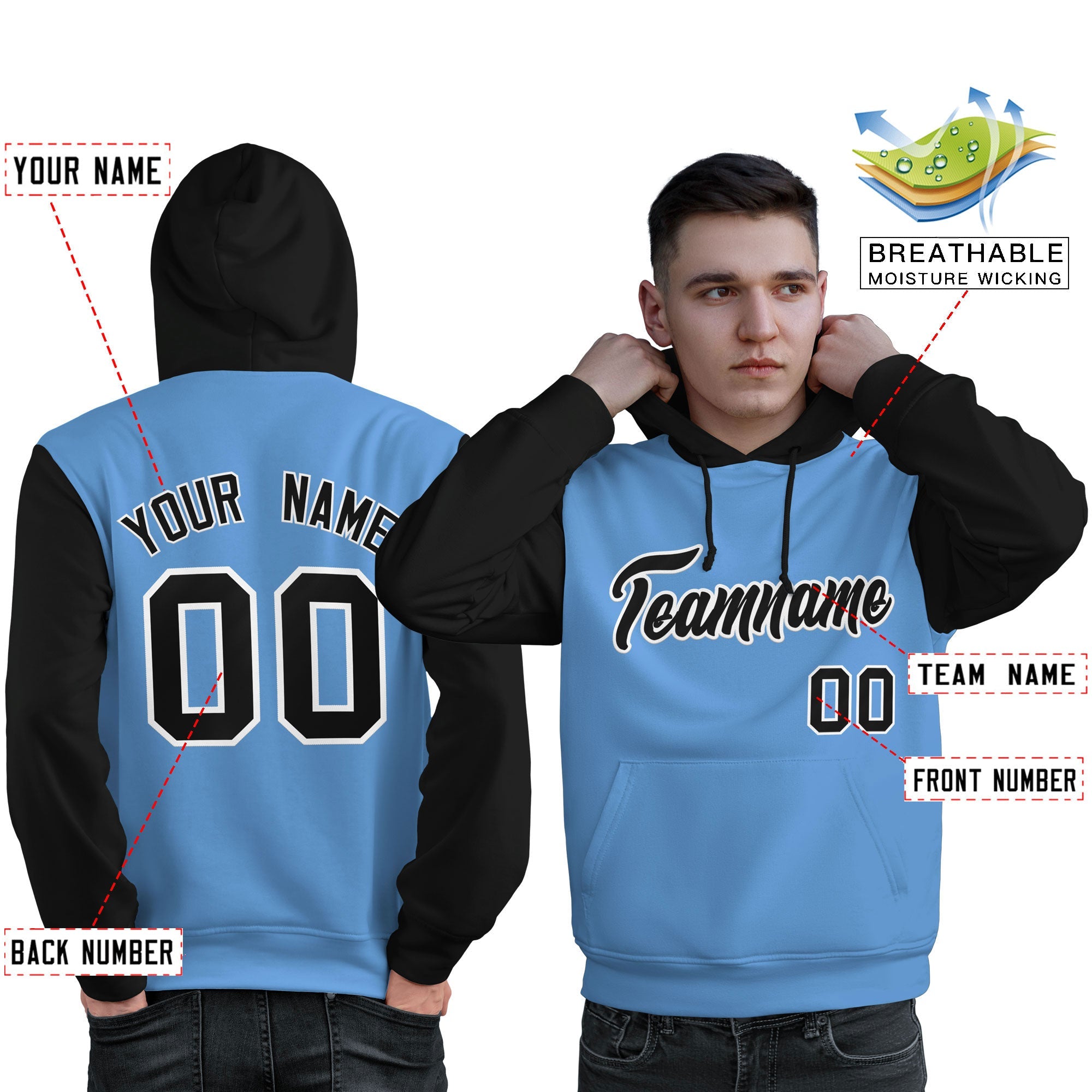 Custom Light Blue Black-White Raglan Sleeves Pullover Personalized Sweatshirt Hoodie