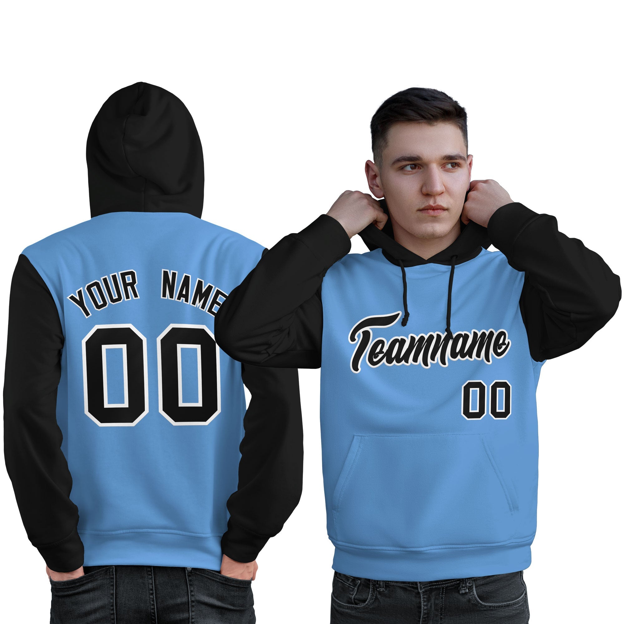 Custom Light Blue Black-White Raglan Sleeves Pullover Personalized Sweatshirt Hoodie