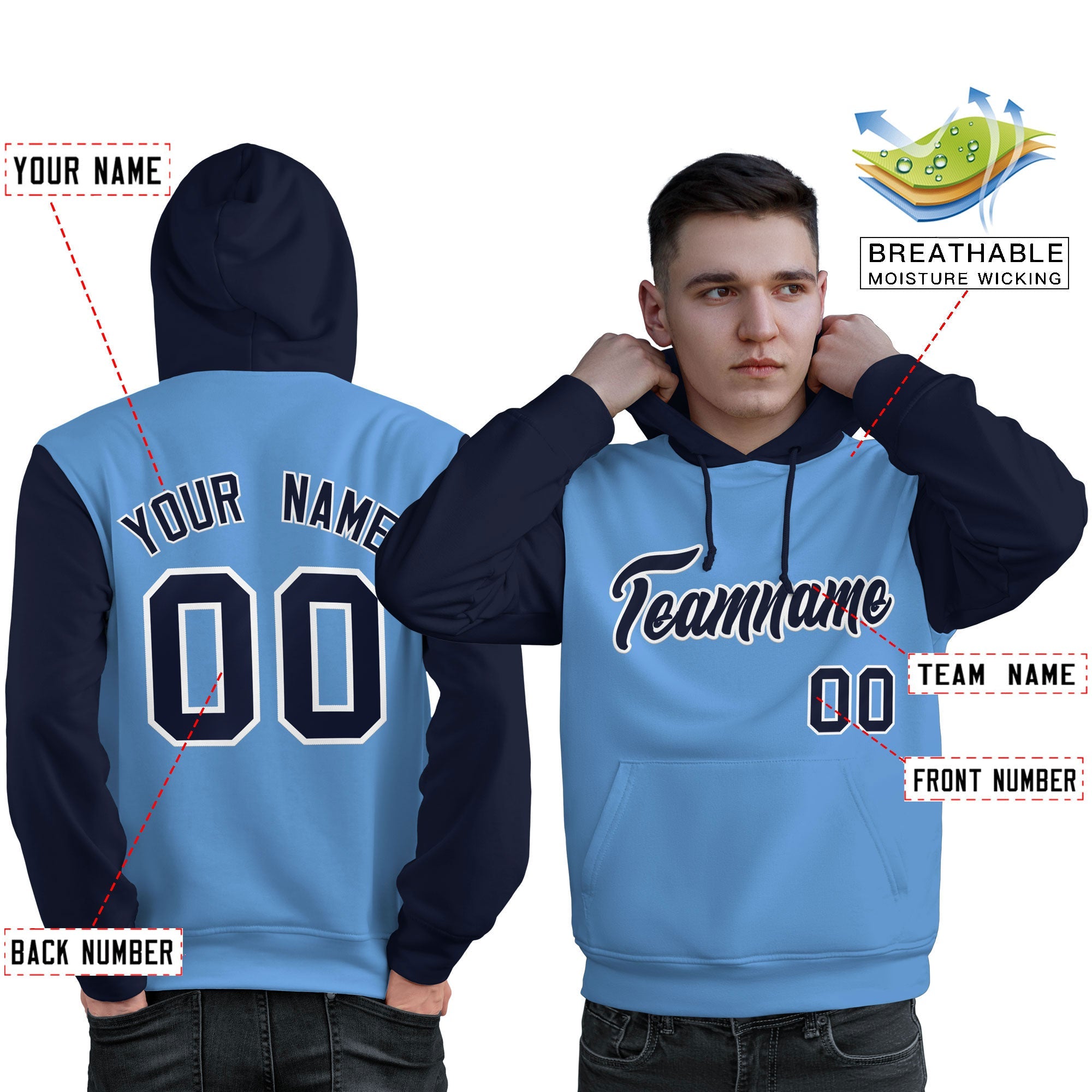 Custom Light Blue Navy-White Raglan Sleeves Pullover Personalized Sweatshirt Hoodie