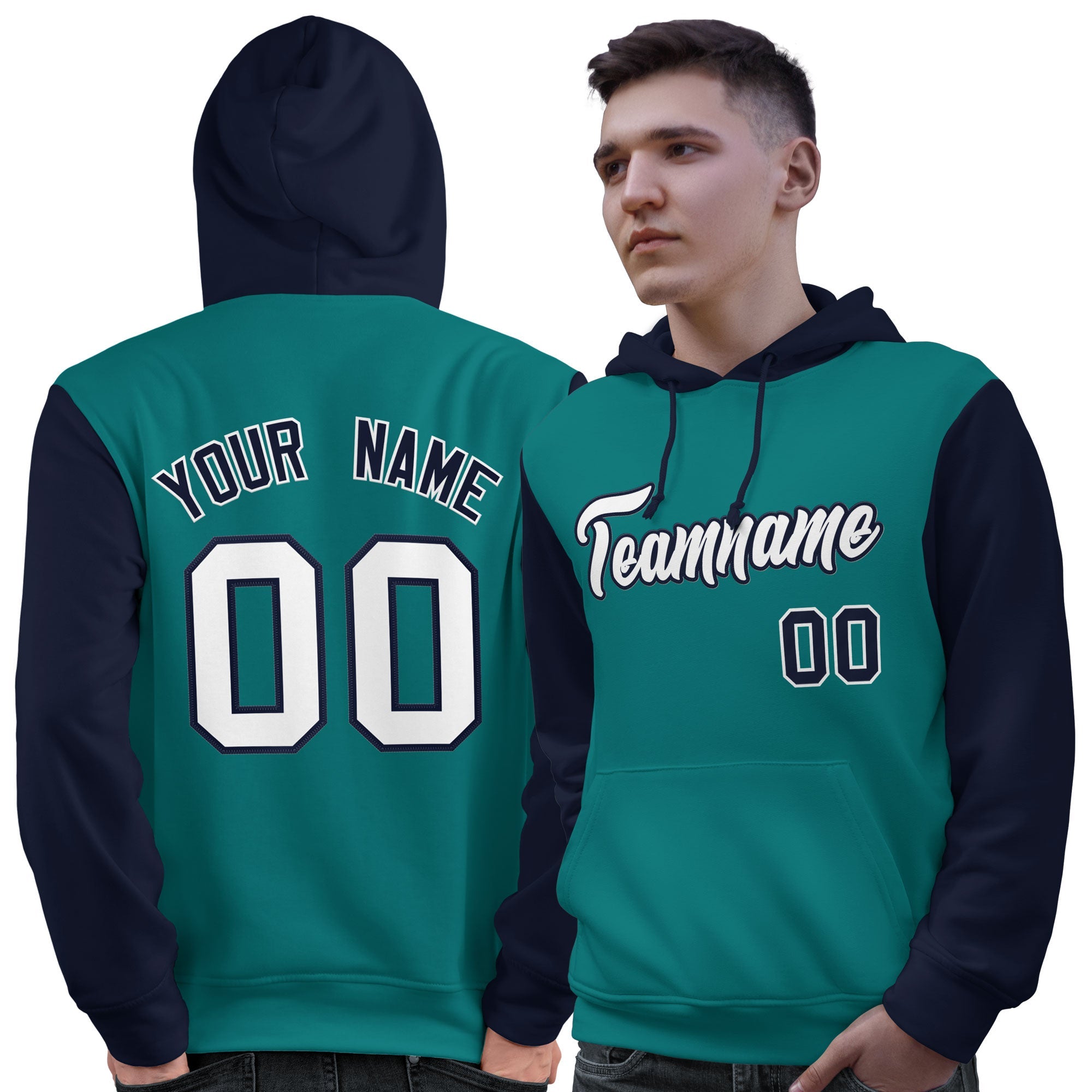 Custom Aqua White-Navy Raglan Sleeves Pullover Personalized Sweatshirt Hoodie