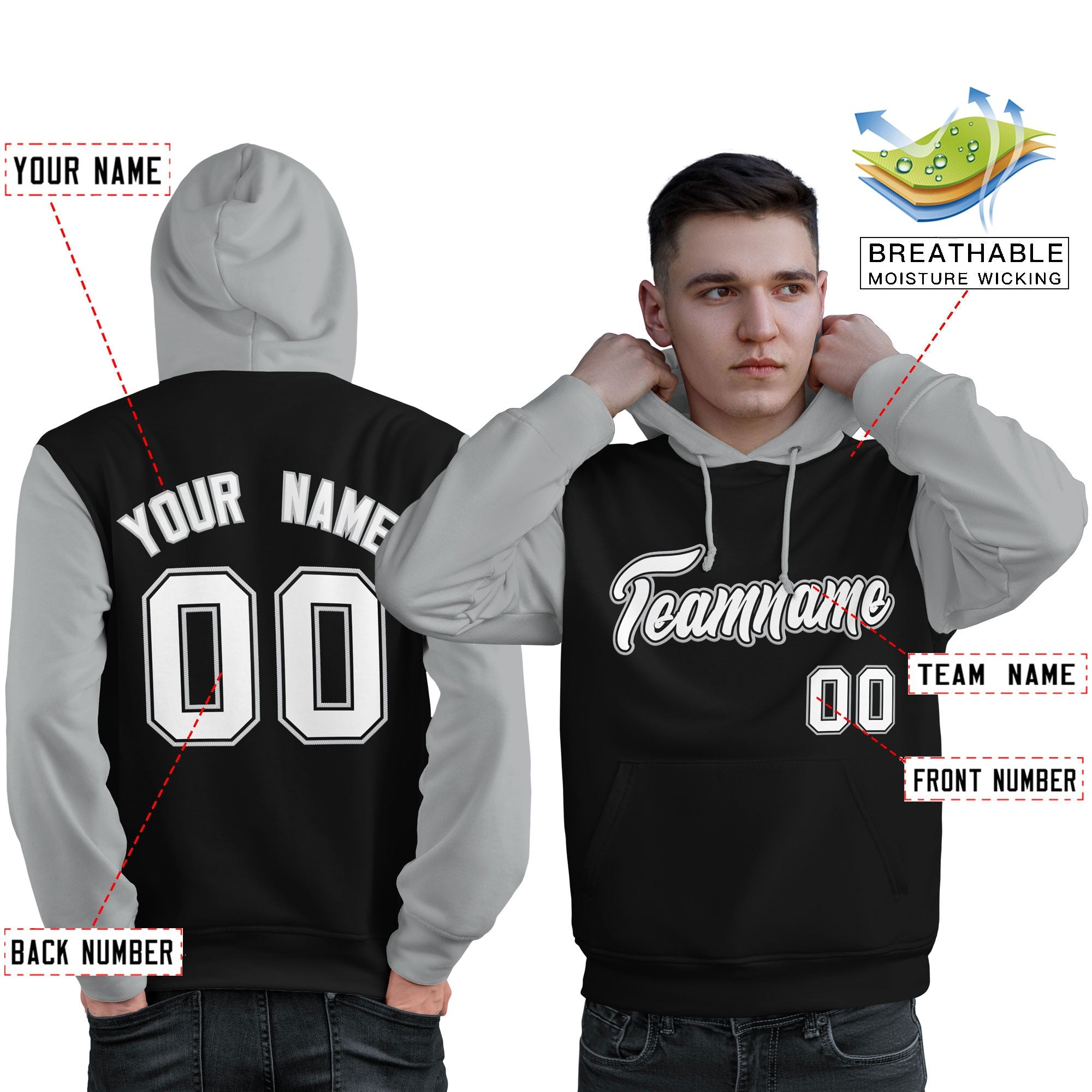 Custom Black White-Gray Raglan Sleeves Pullover Personalized Sweatshirt Hoodie