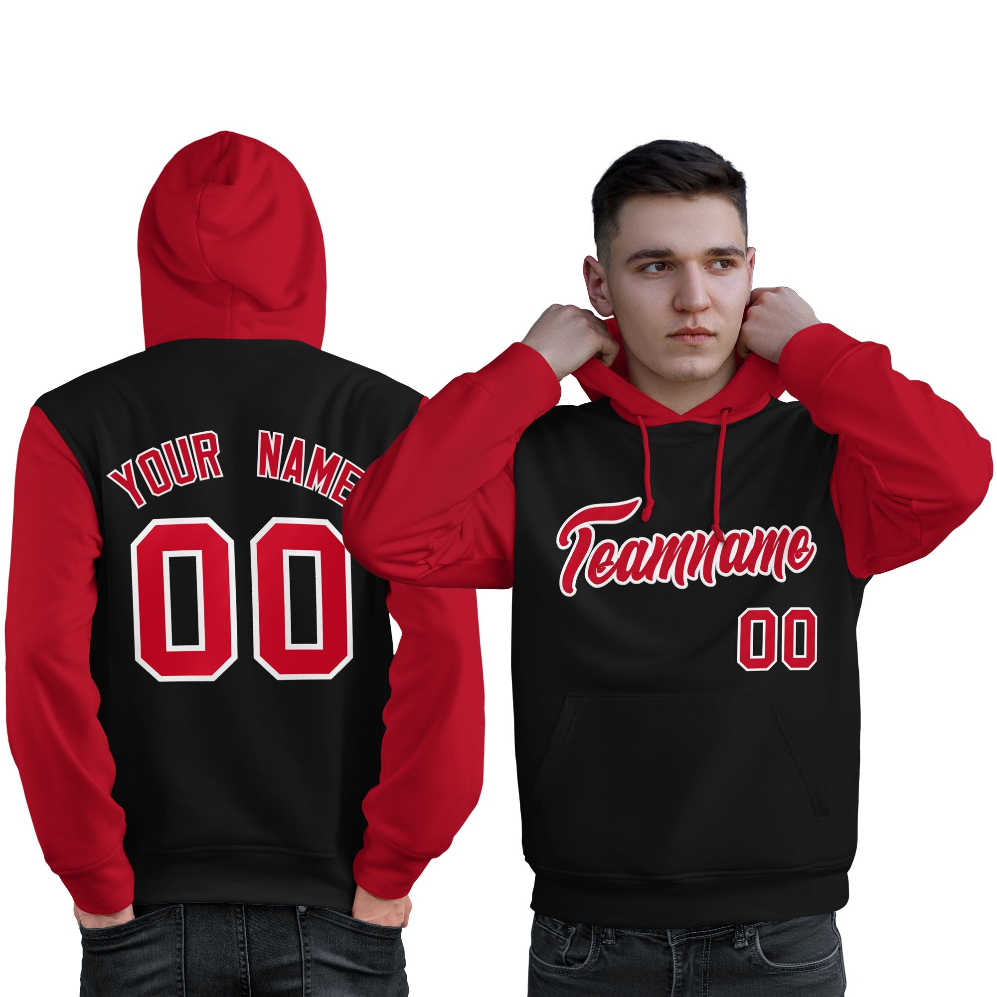 Custom Black Red-White Raglan Sleeves Pullover Personalized Sweatshirt Hoodie