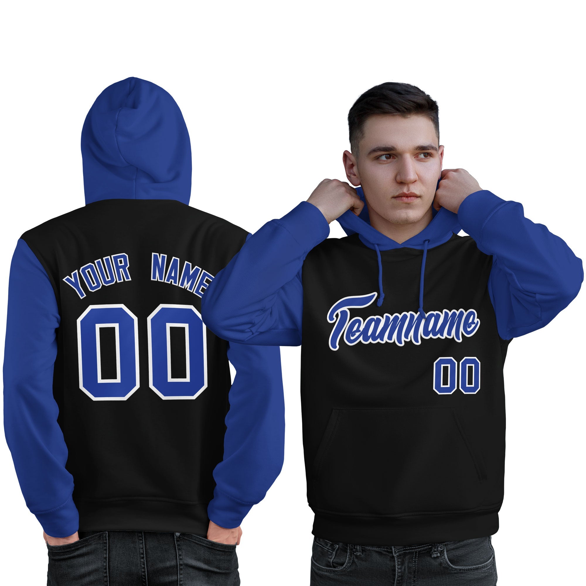 Custom Black Royal-White Raglan Sleeves Pullover Personalized Sweatshirt Hoodie