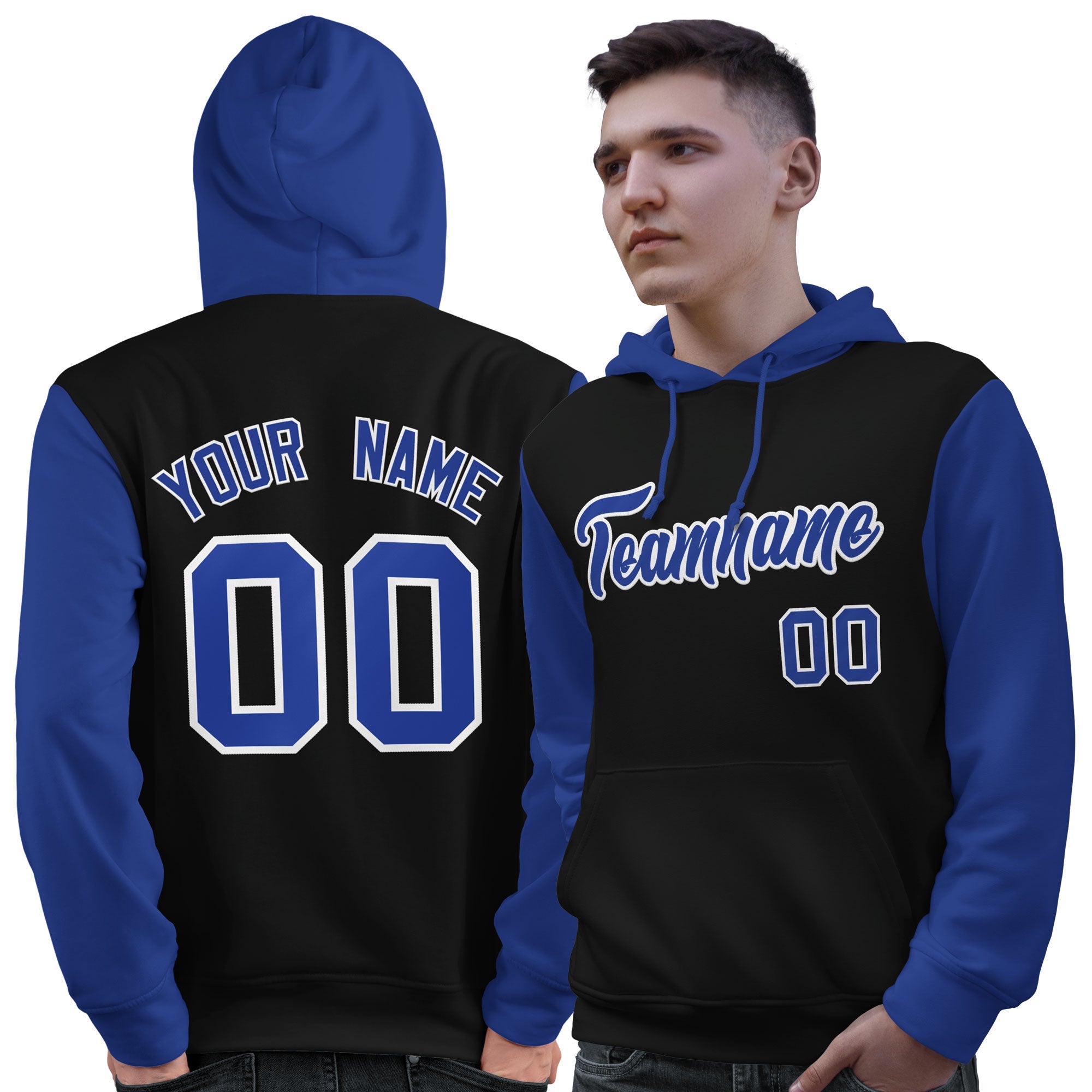 Custom Black Royal-White Raglan Sleeves Pullover Personalized Sweatshirt Hoodie