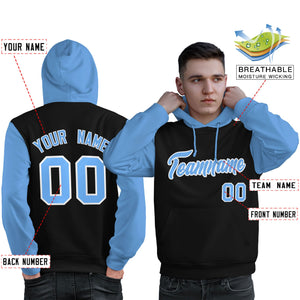 Custom Black Light Blue-White Raglan Sleeves Pullover Personalized Sweatshirt Hoodie