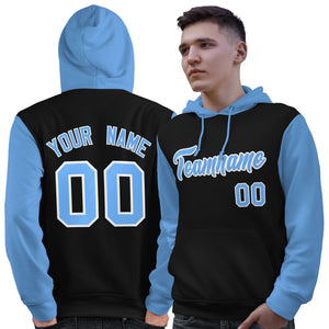 Custom Black Light Blue-White Raglan Sleeves Pullover Personalized Sweatshirt Hoodie