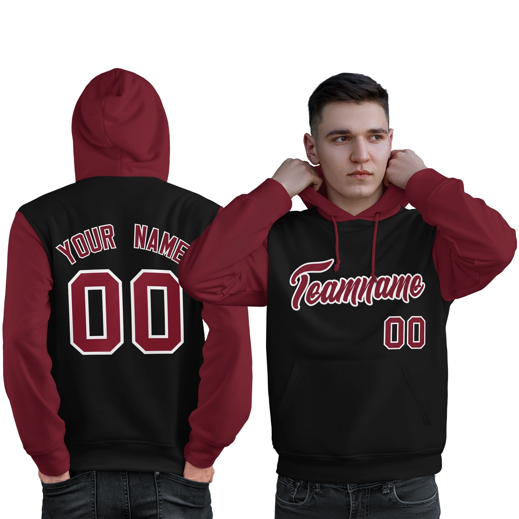 Custom Black Crimson-White Raglan Sleeves Pullover Personalized Sweatshirt Hoodie