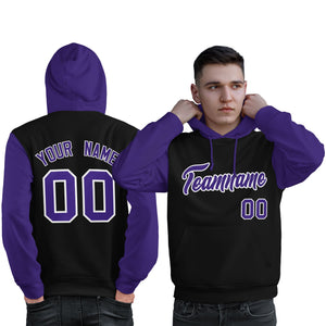 Custom Black Purple-White Raglan Sleeves Pullover Personalized Sweatshirt Hoodie