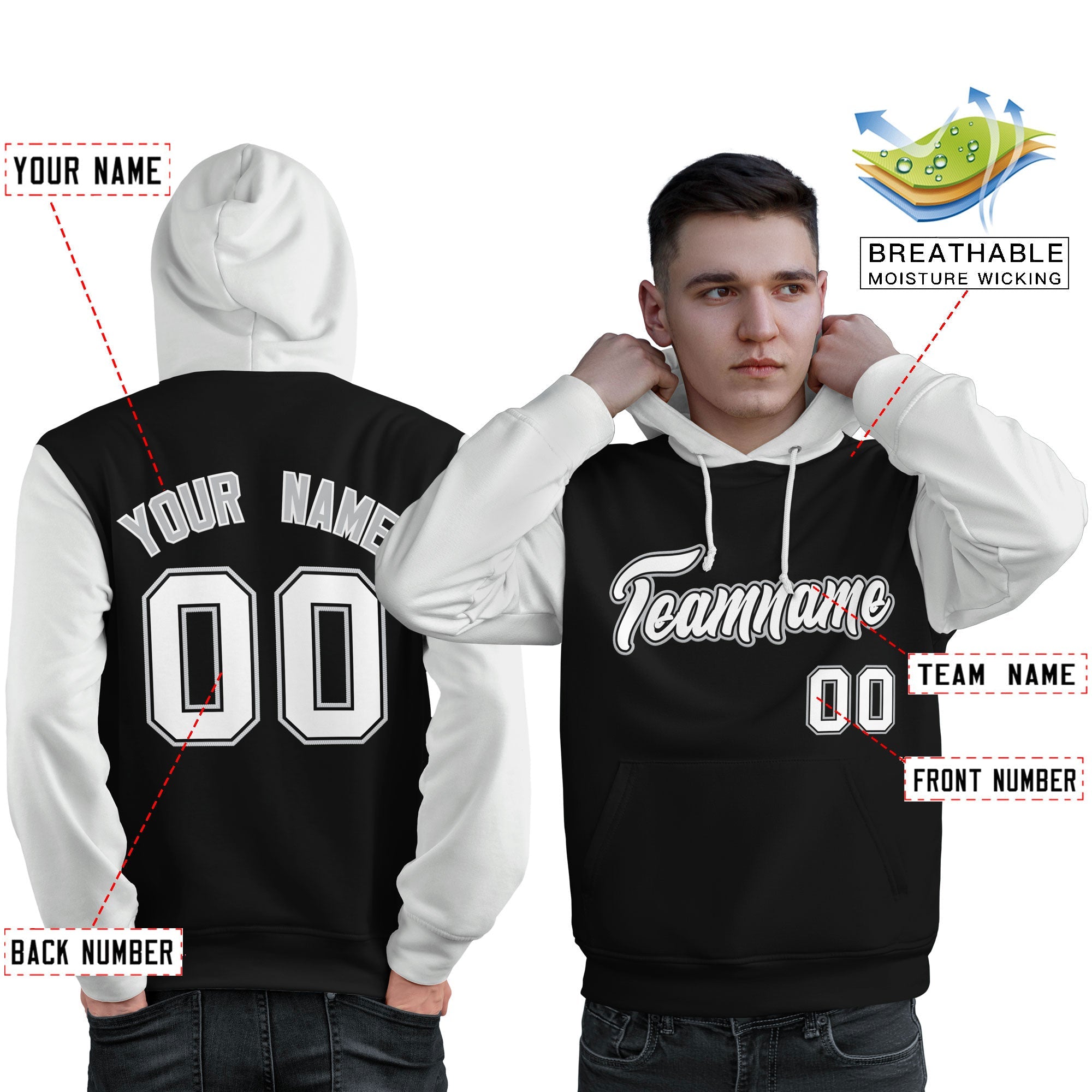 Custom Black White-Gray Raglan Sleeves Pullover Personalized Sweatshirt Hoodie