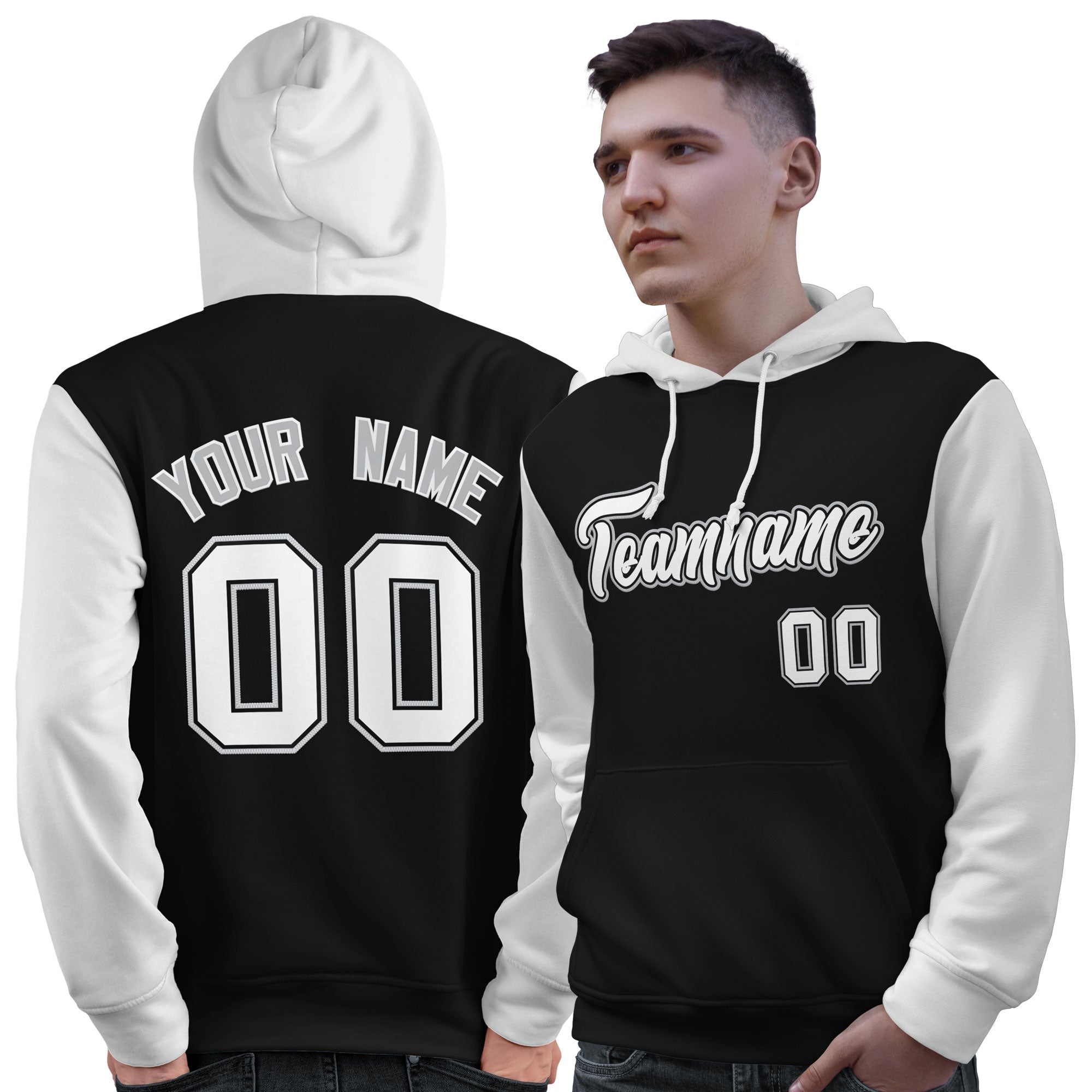 Custom Black White-Gray Raglan Sleeves Pullover Personalized Sweatshirt Hoodie