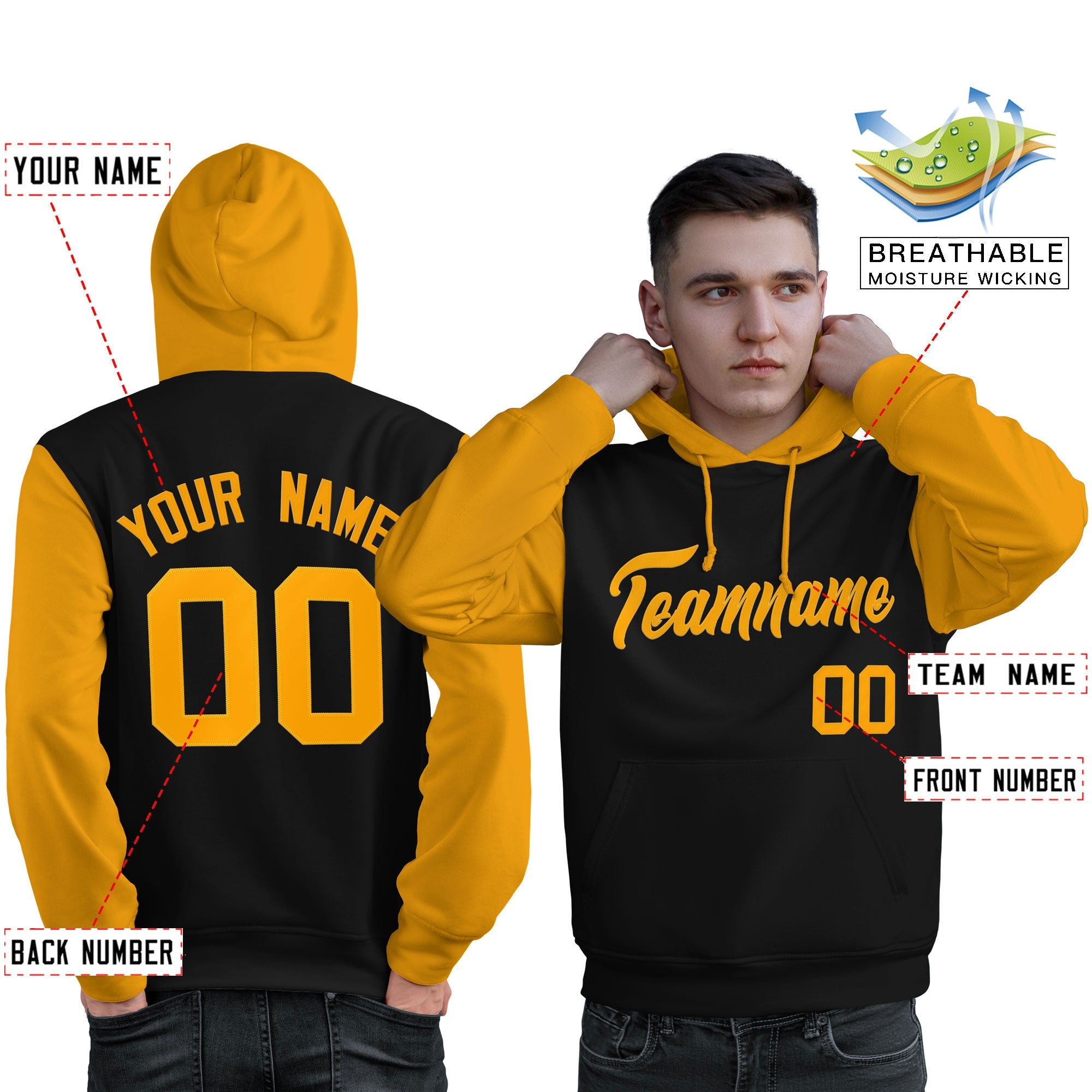 Custom Black Gold Raglan Sleeves Pullover Personalized Sweatshirt Hoodie