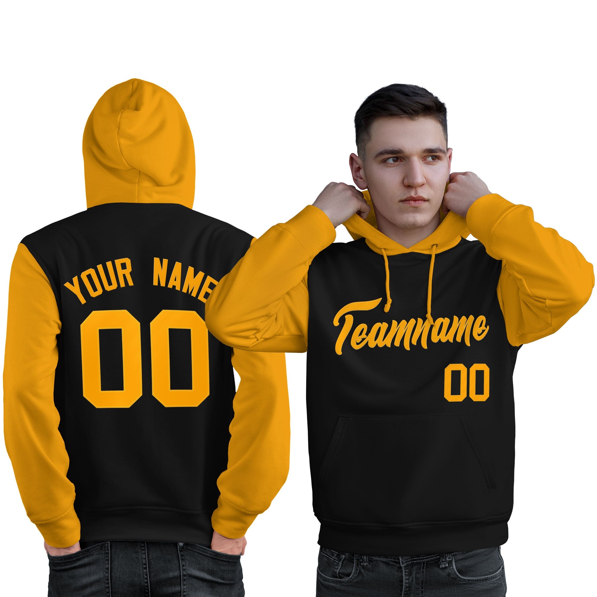 Custom Black Gold Raglan Sleeves Pullover Personalized Sweatshirt Hoodie