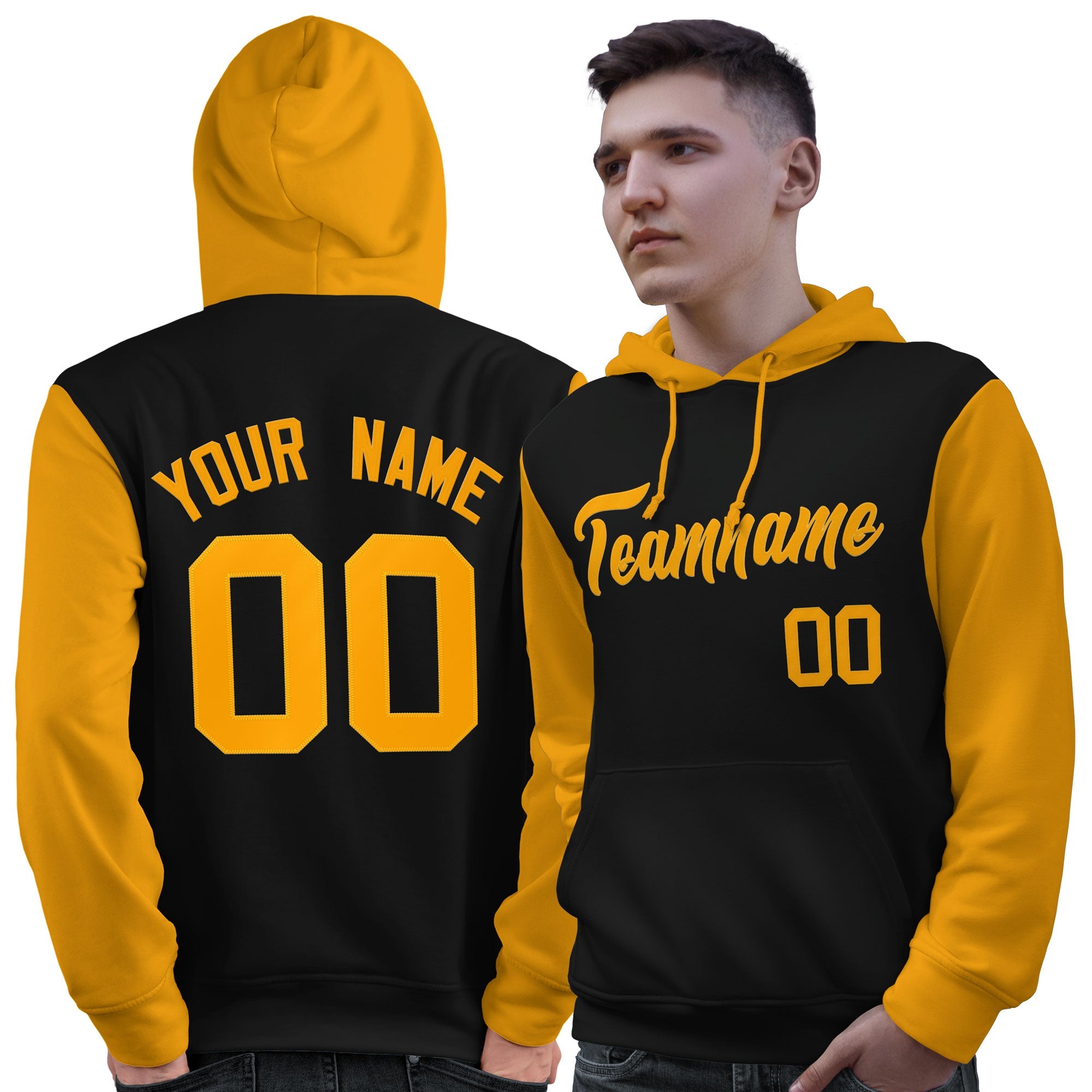 Custom Black Gold Raglan Sleeves Pullover Personalized Sweatshirt Hoodie