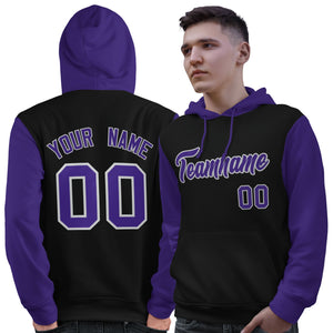 Custom Black Purple-Gray Raglan Sleeves Pullover Personalized Sweatshirt Hoodie