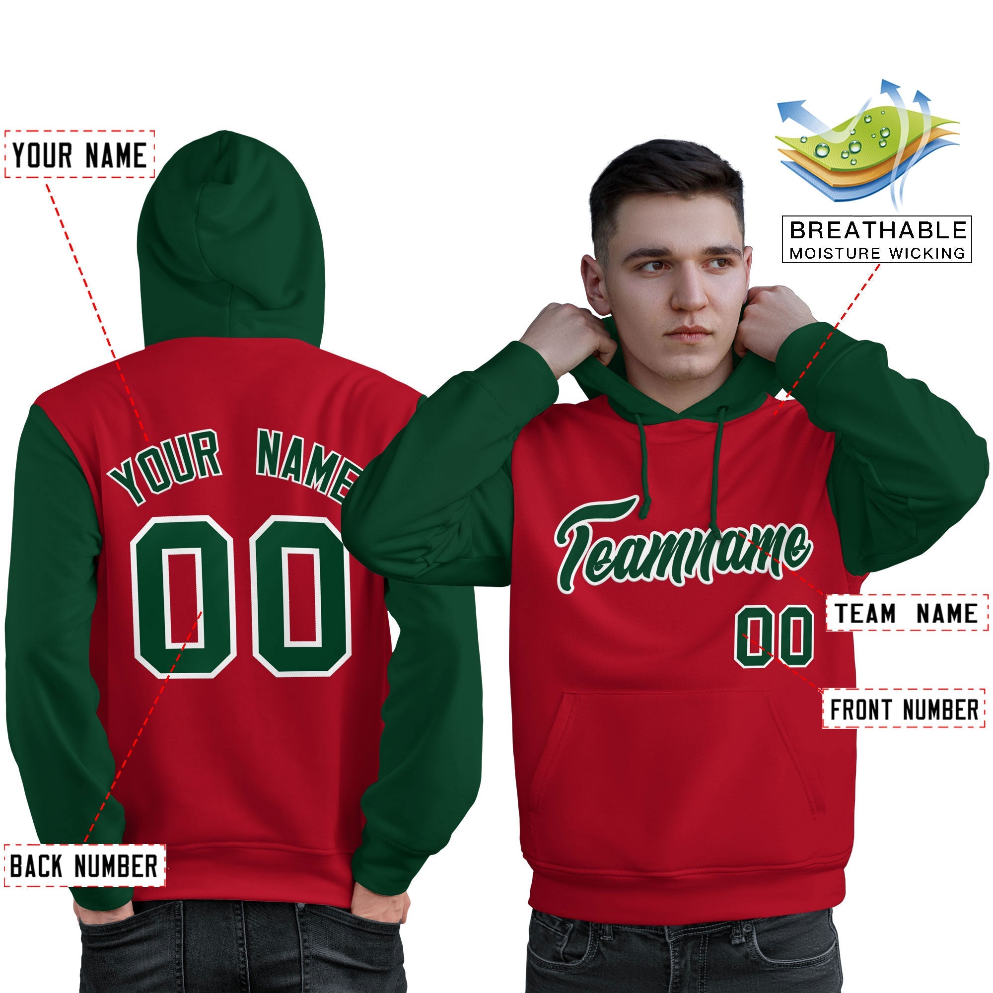 Custom Red Green-White Raglan Sleeves Pullover Personalized Sweatshirt Hoodie