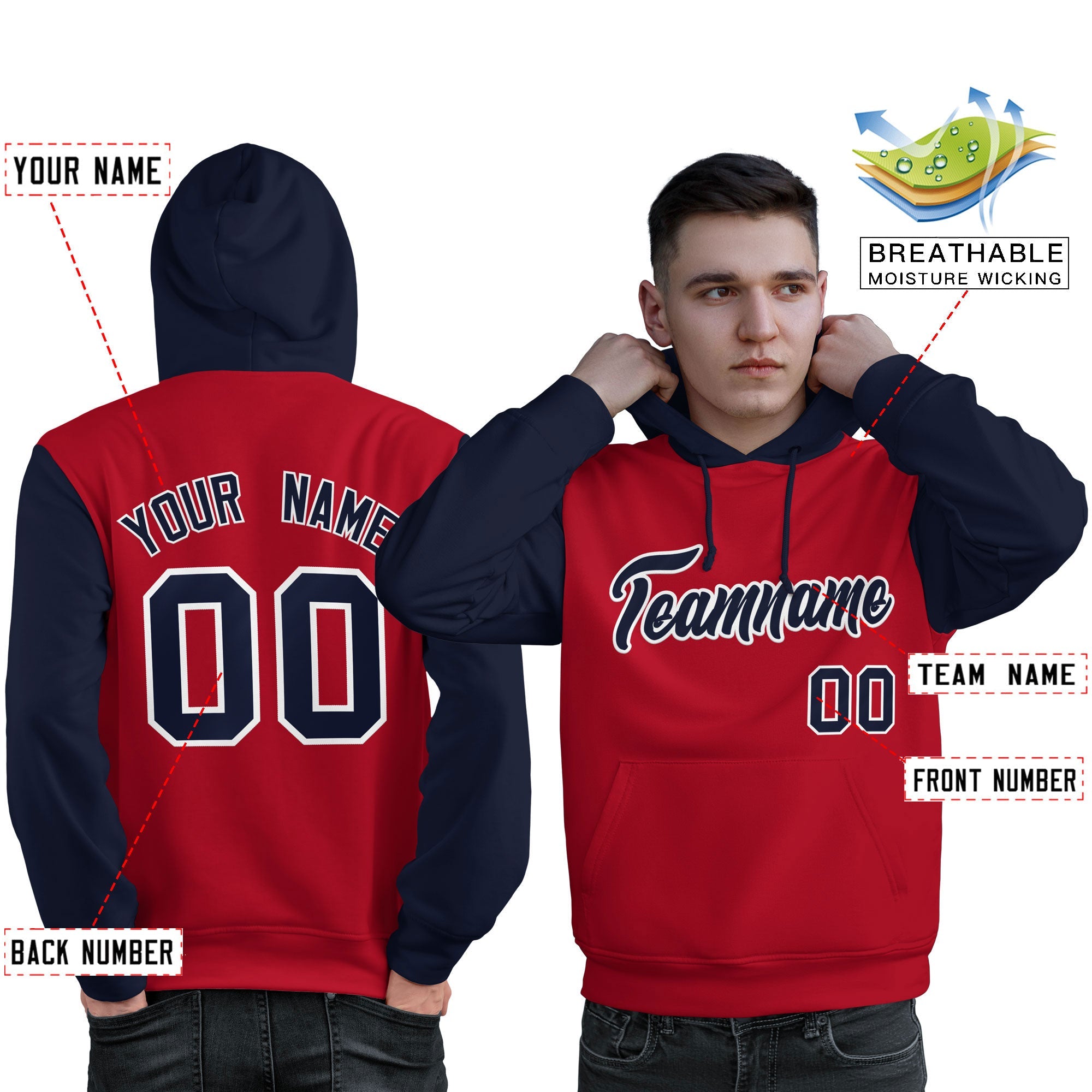 Custom Red Navy-White Raglan Sleeves Pullover Personalized Sweatshirt Hoodie