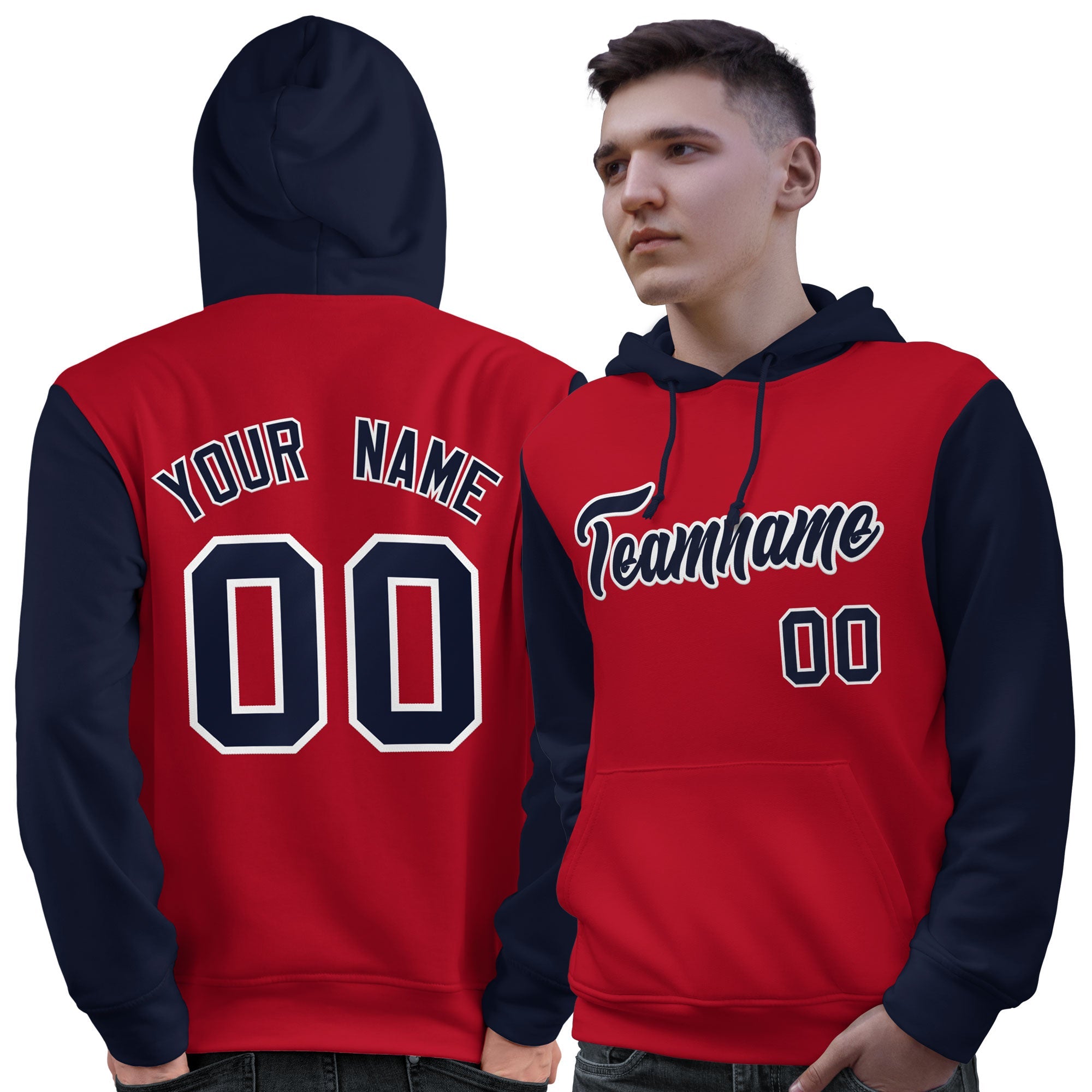 Custom Red Navy-White Raglan Sleeves Pullover Personalized Sweatshirt Hoodie