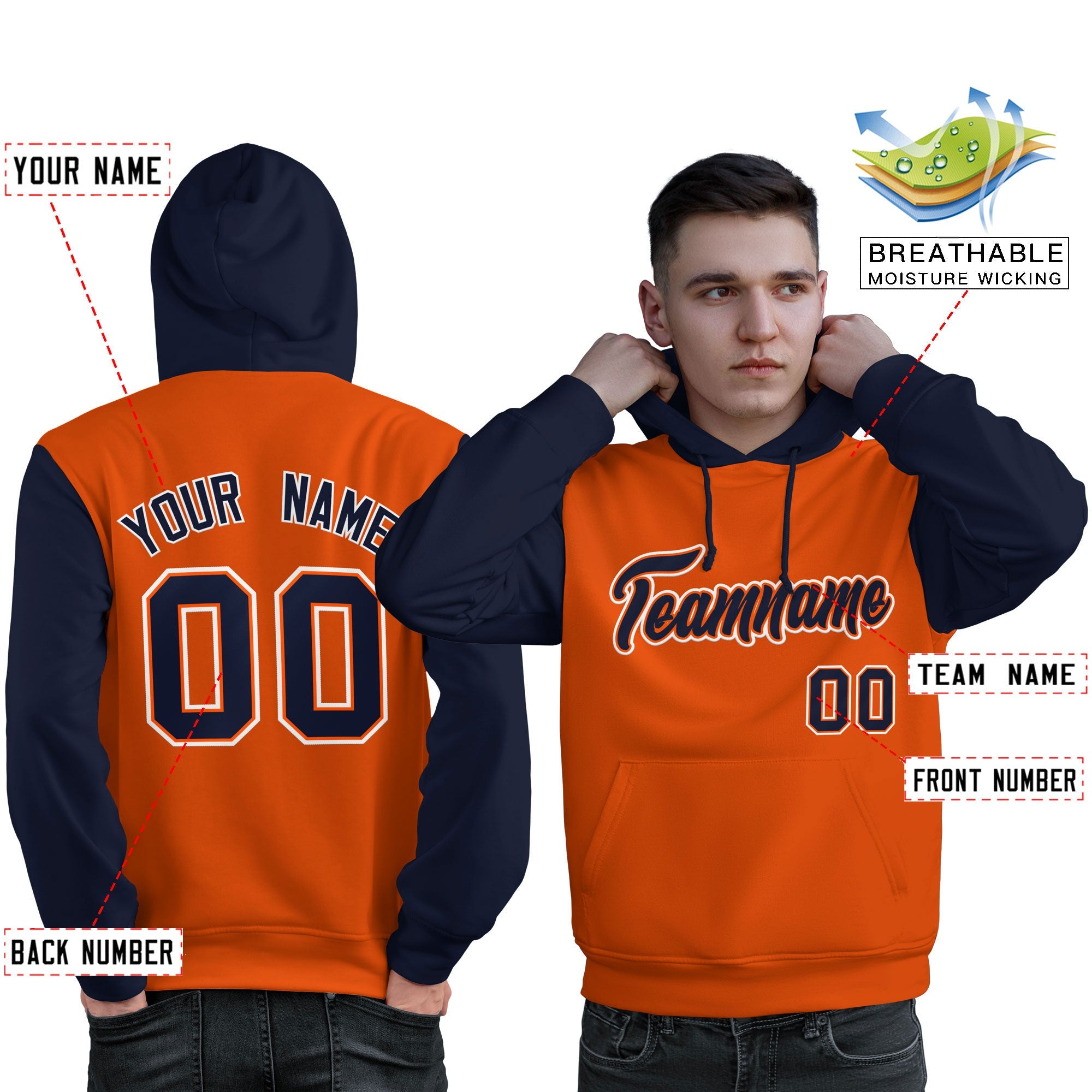 Custom Orange Navy-White Raglan Sleeves Pullover Personalized Sweatshirt Hoodie