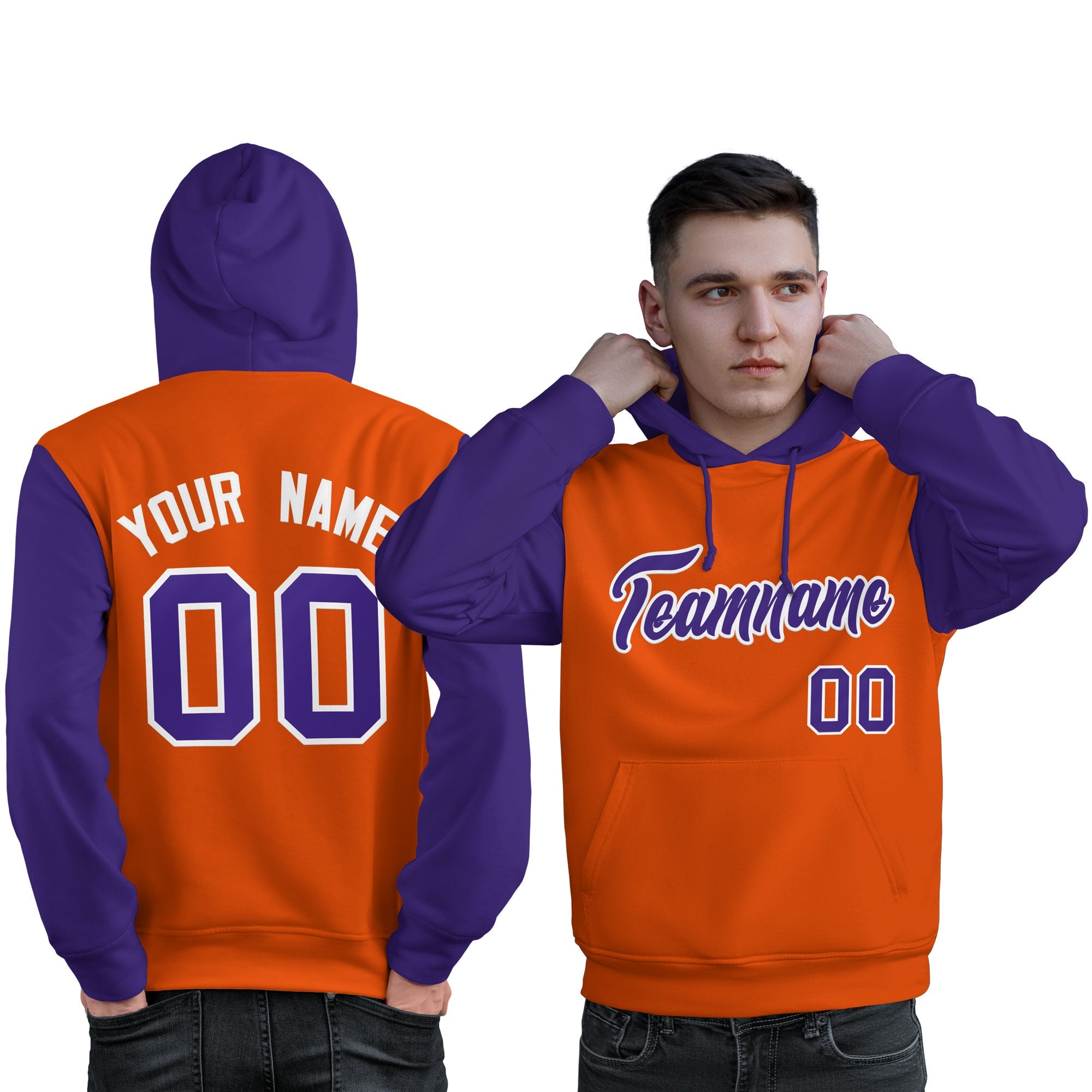 Custom Orange Purple-White Raglan Sleeves Pullover Personalized Sweatshirt Hoodie