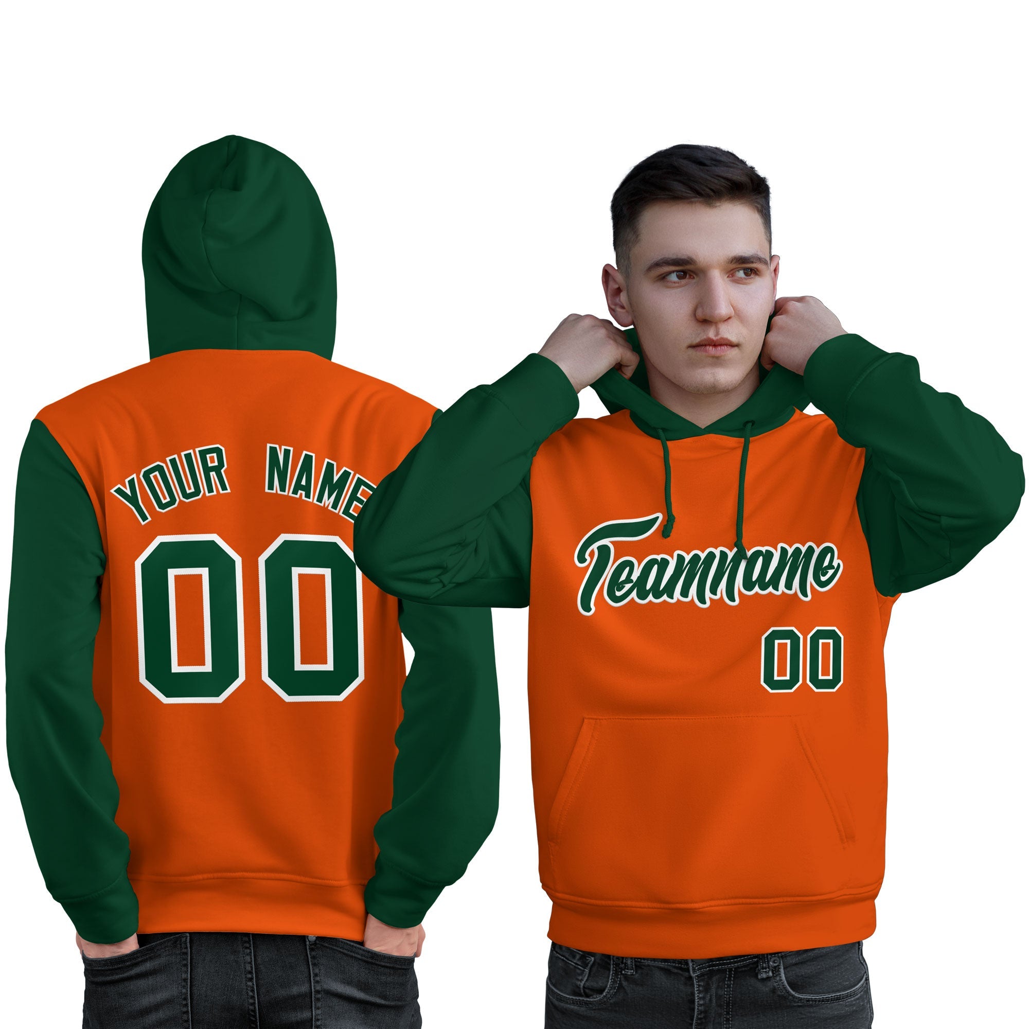 Custom Orange Green-White Raglan Sleeves Pullover Personalized Sweatshirt Hoodie