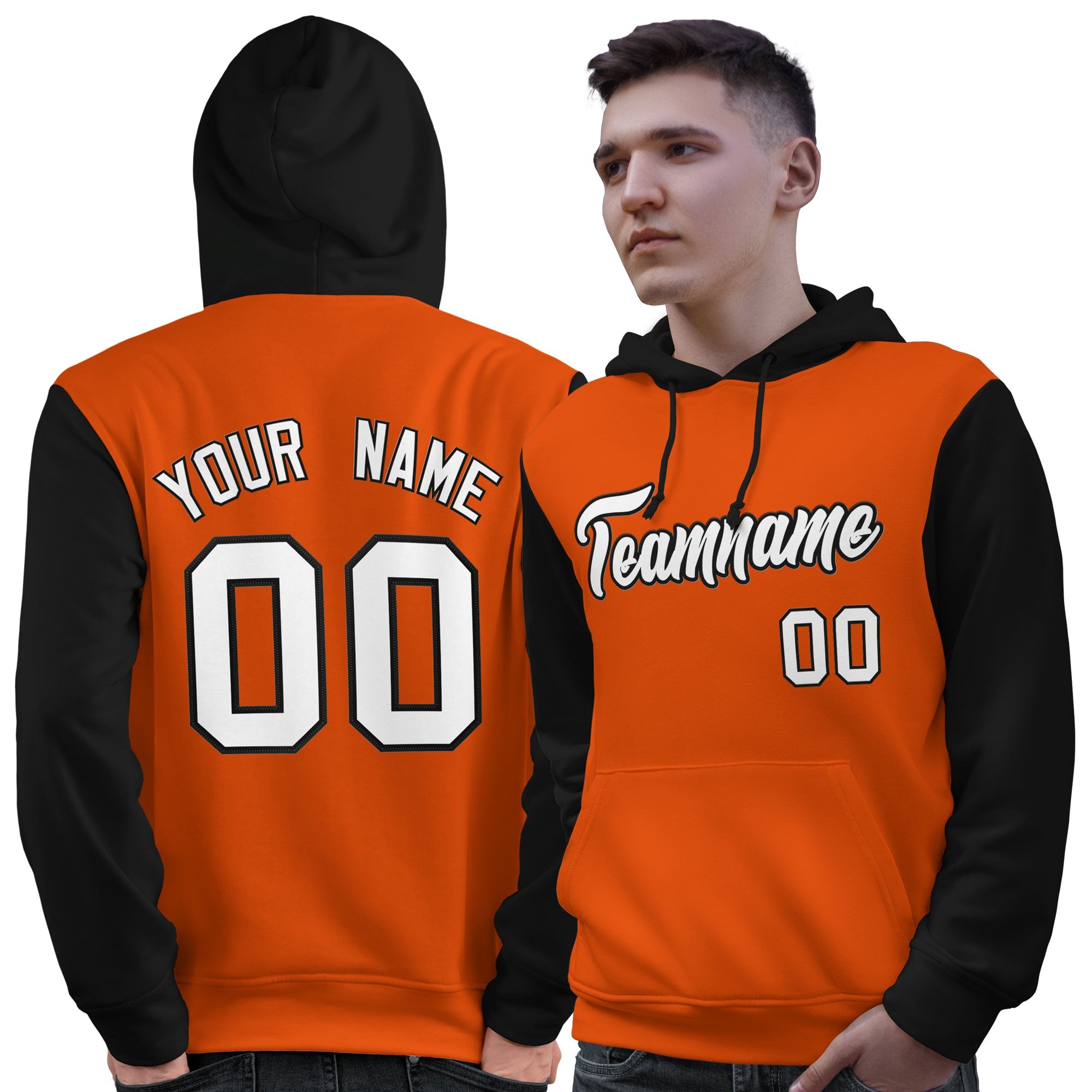 Custom Orange White-Black Raglan Sleeves Pullover Personalized Sweatshirt Hoodie