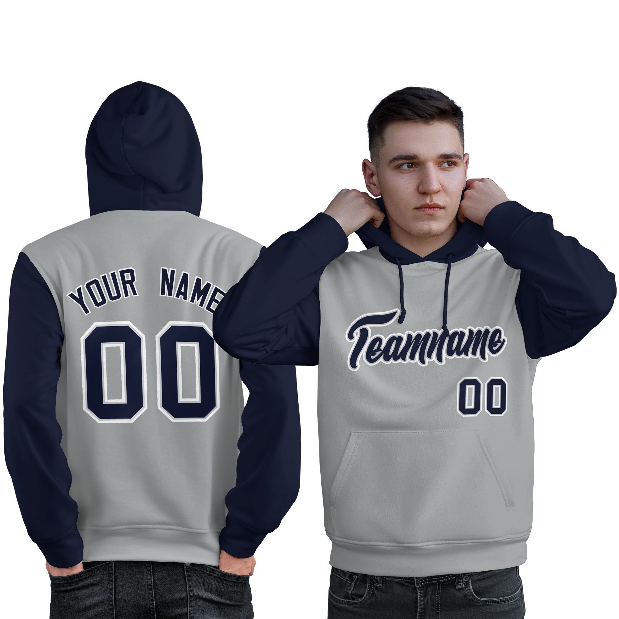 Custom Gray Navy-White Raglan Sleeves Pullover Personalized Sweatshirt Hoodie