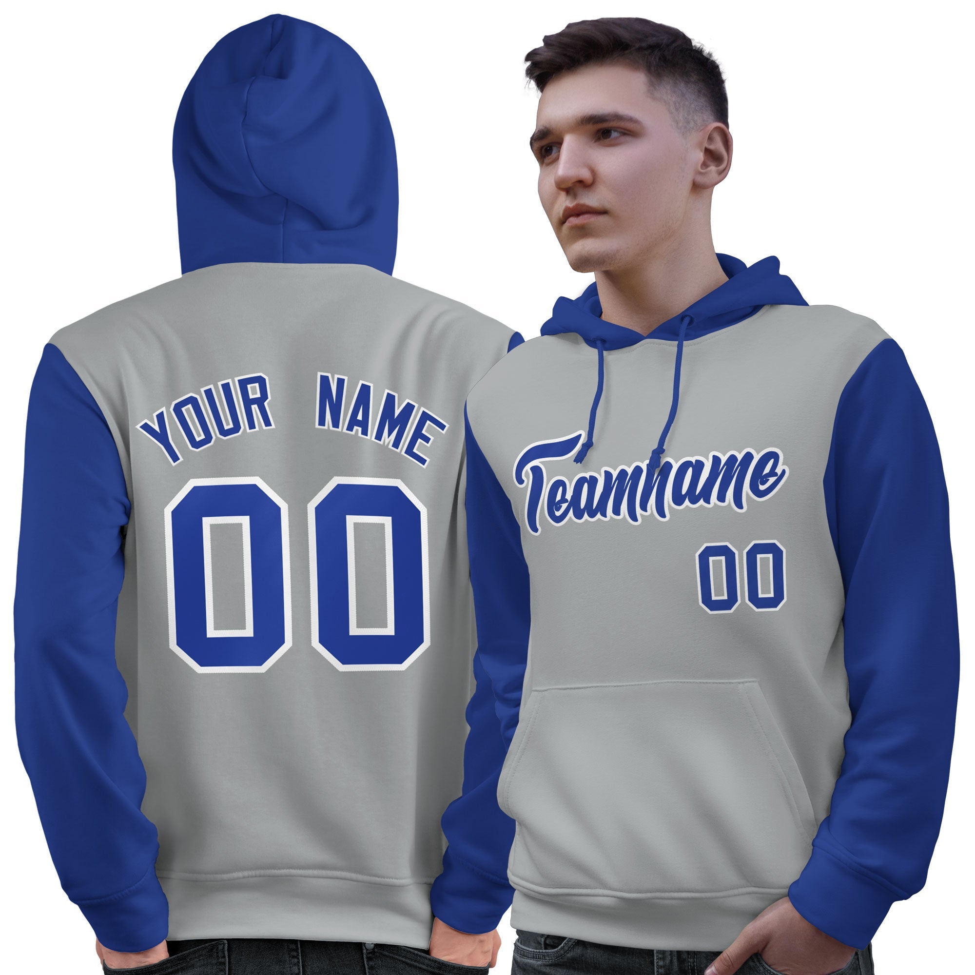 Custom Gray Royal-White Raglan Sleeves Pullover Personalized Sweatshirt Hoodie