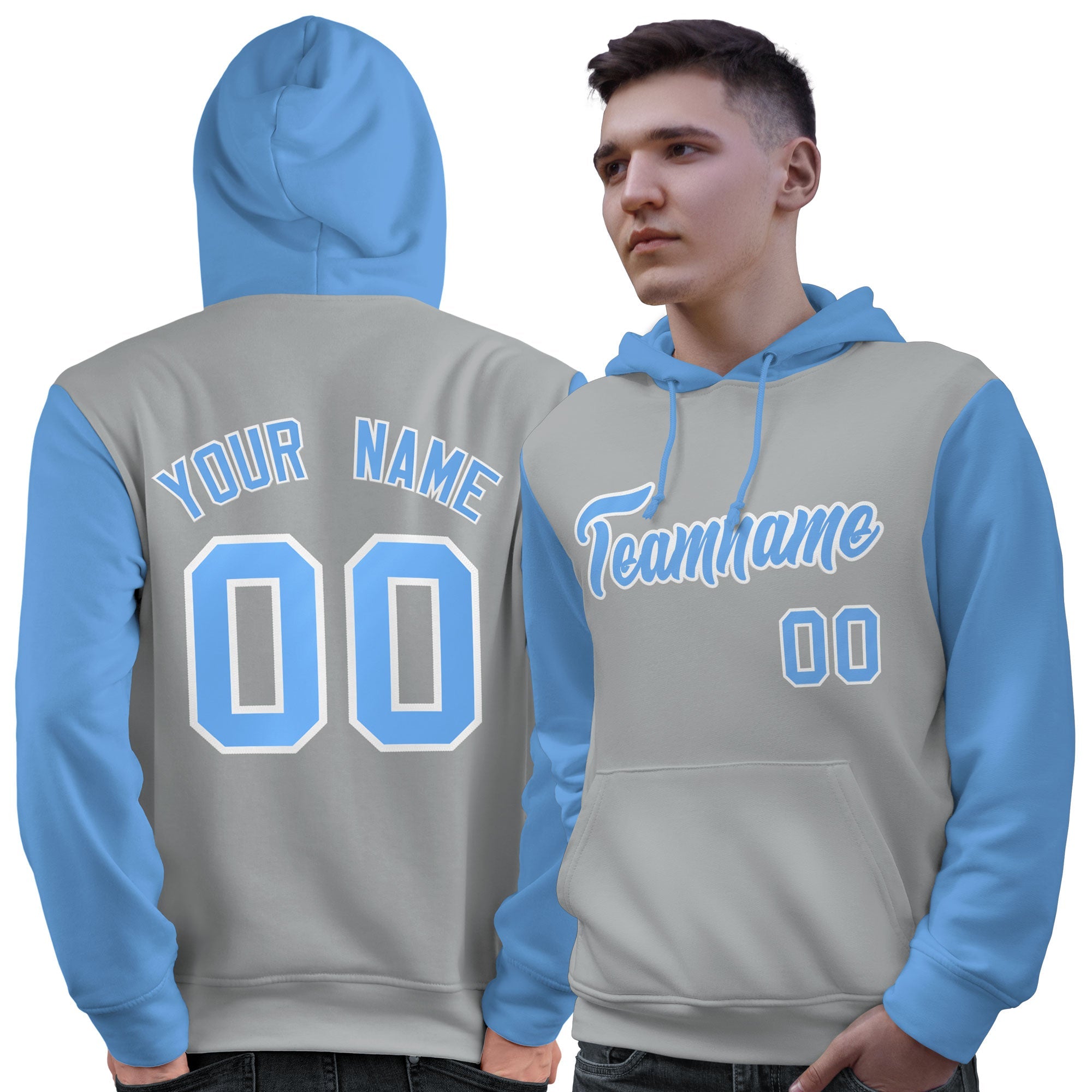 Custom Gray Light Blue-White Raglan Sleeves Pullover Personalized Sweatshirt Hoodie