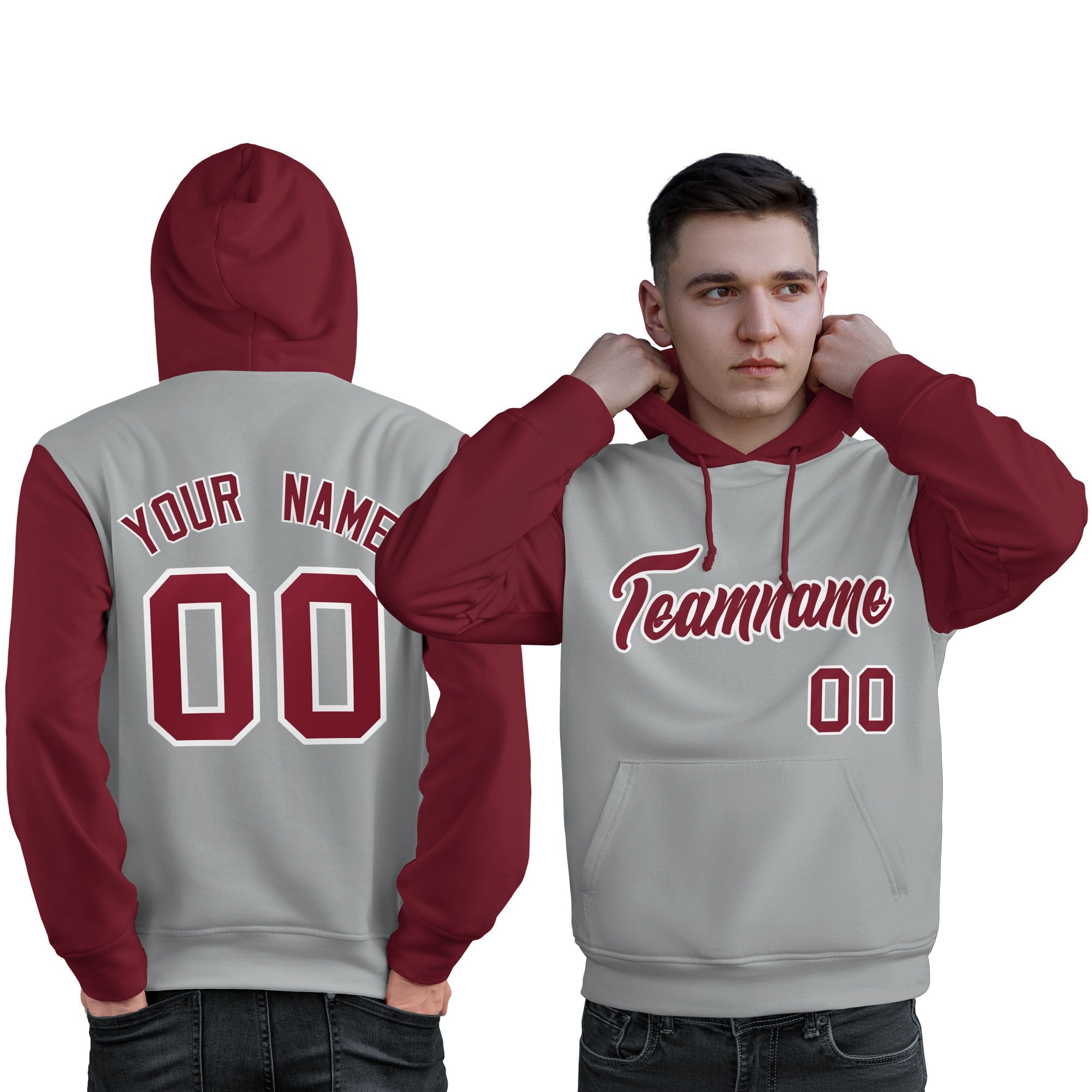 Custom Gray Crimson-White Raglan Sleeves Pullover Personalized Sweatshirt Hoodie