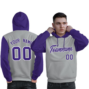 Custom Gray Purple-White Raglan Sleeves Pullover Personalized Sweatshirt Hoodie