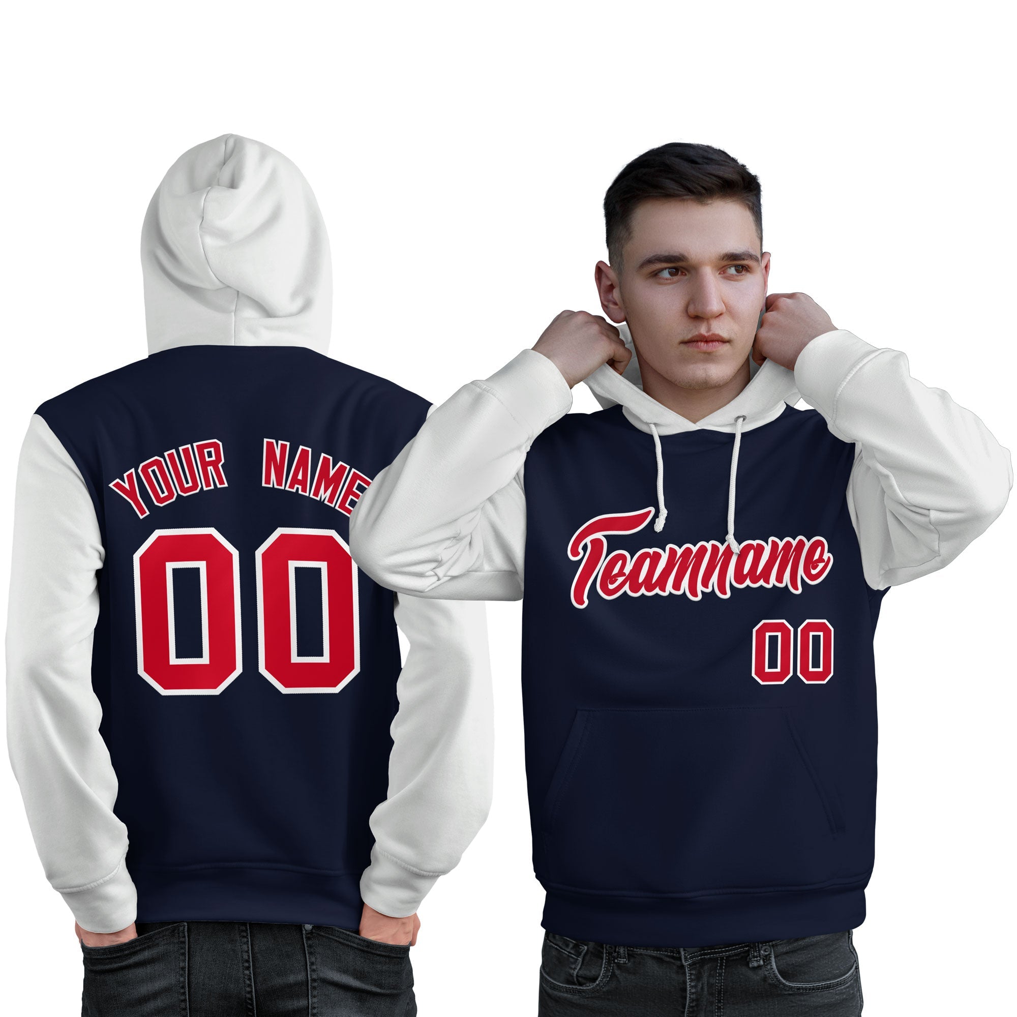 Custom Navy Red-White Raglan Sleeves Pullover Personalized Sweatshirt Hoodie