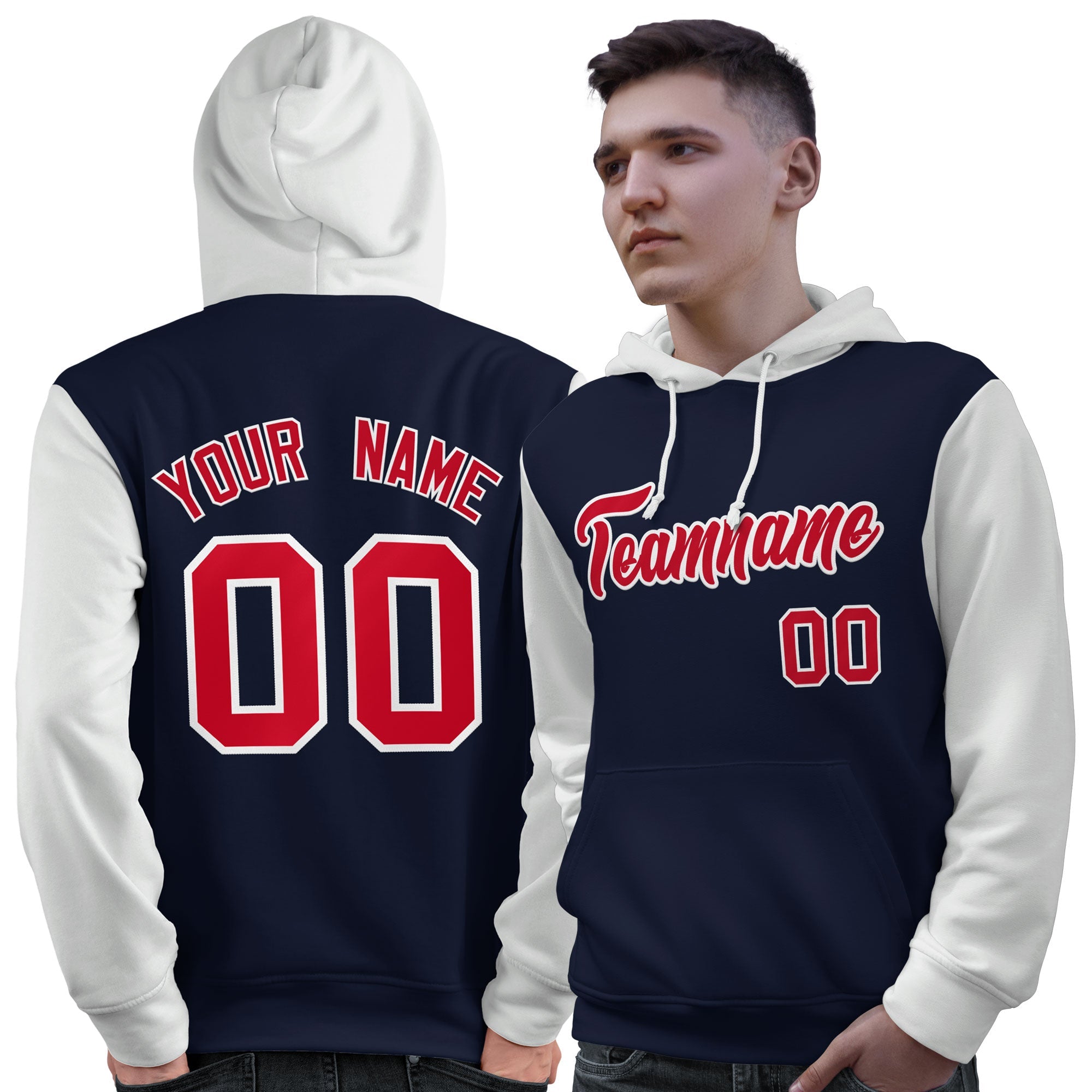 Custom Navy Red-White Raglan Sleeves Pullover Personalized Sweatshirt Hoodie