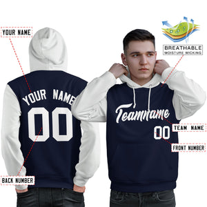 Custom Navy White Raglan Sleeves Pullover Personalized Sweatshirt Hoodie